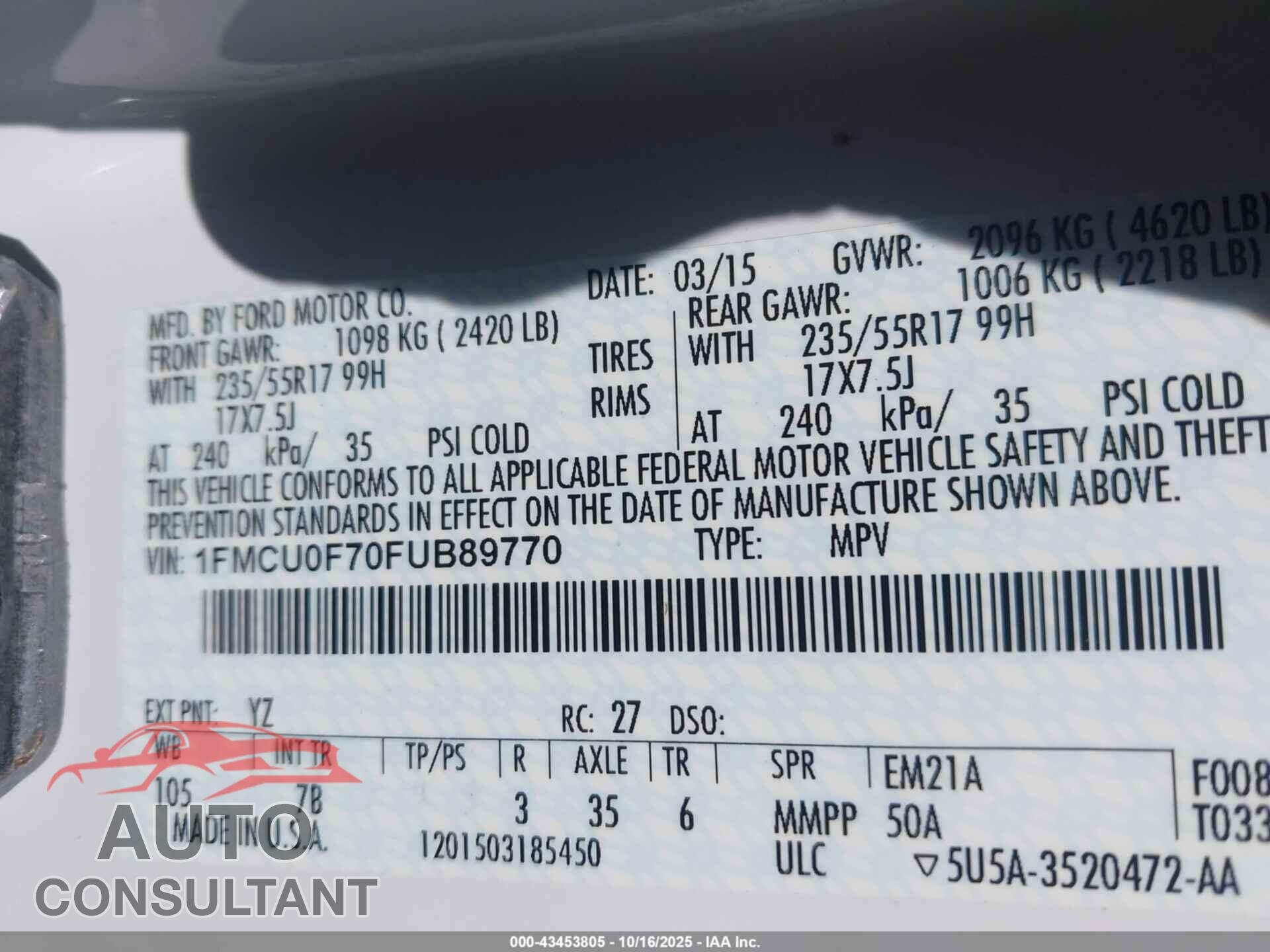 FORD ESCAPE 2015 - 1FMCU0F70FUB89770