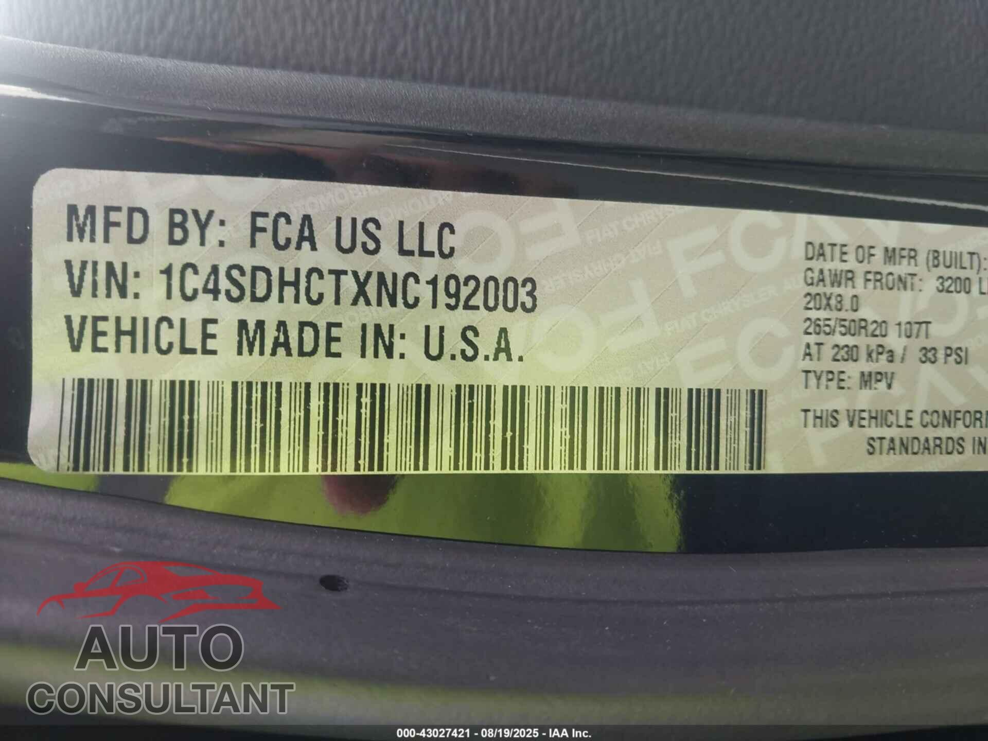 DODGE DURANGO 2022 - 1C4SDHCTXNC192003