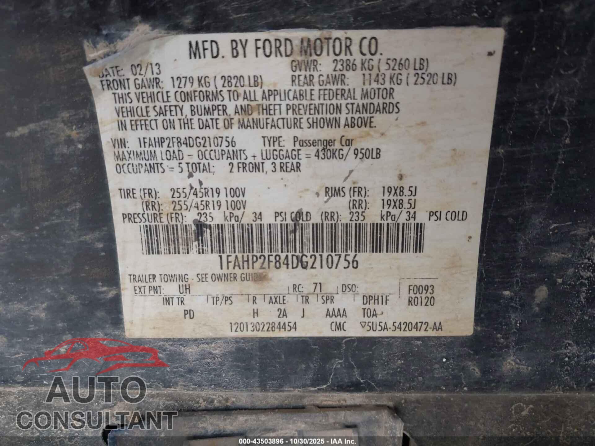 FORD TAURUS 2013 - 1FAHP2F84DG210756