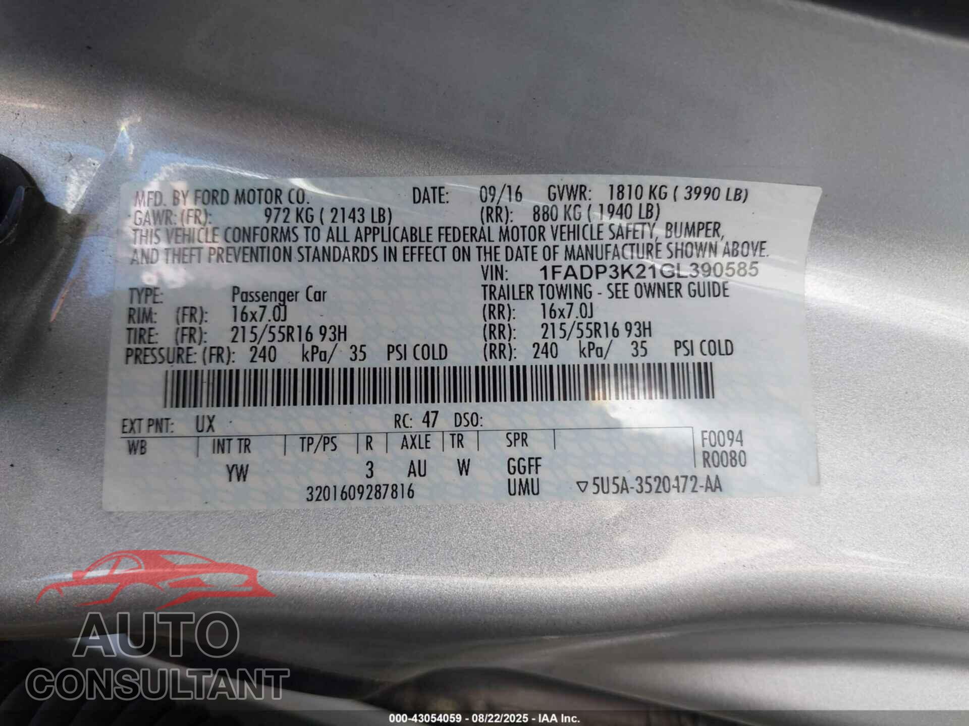 FORD FOCUS 2016 - 1FADP3K21GL390585