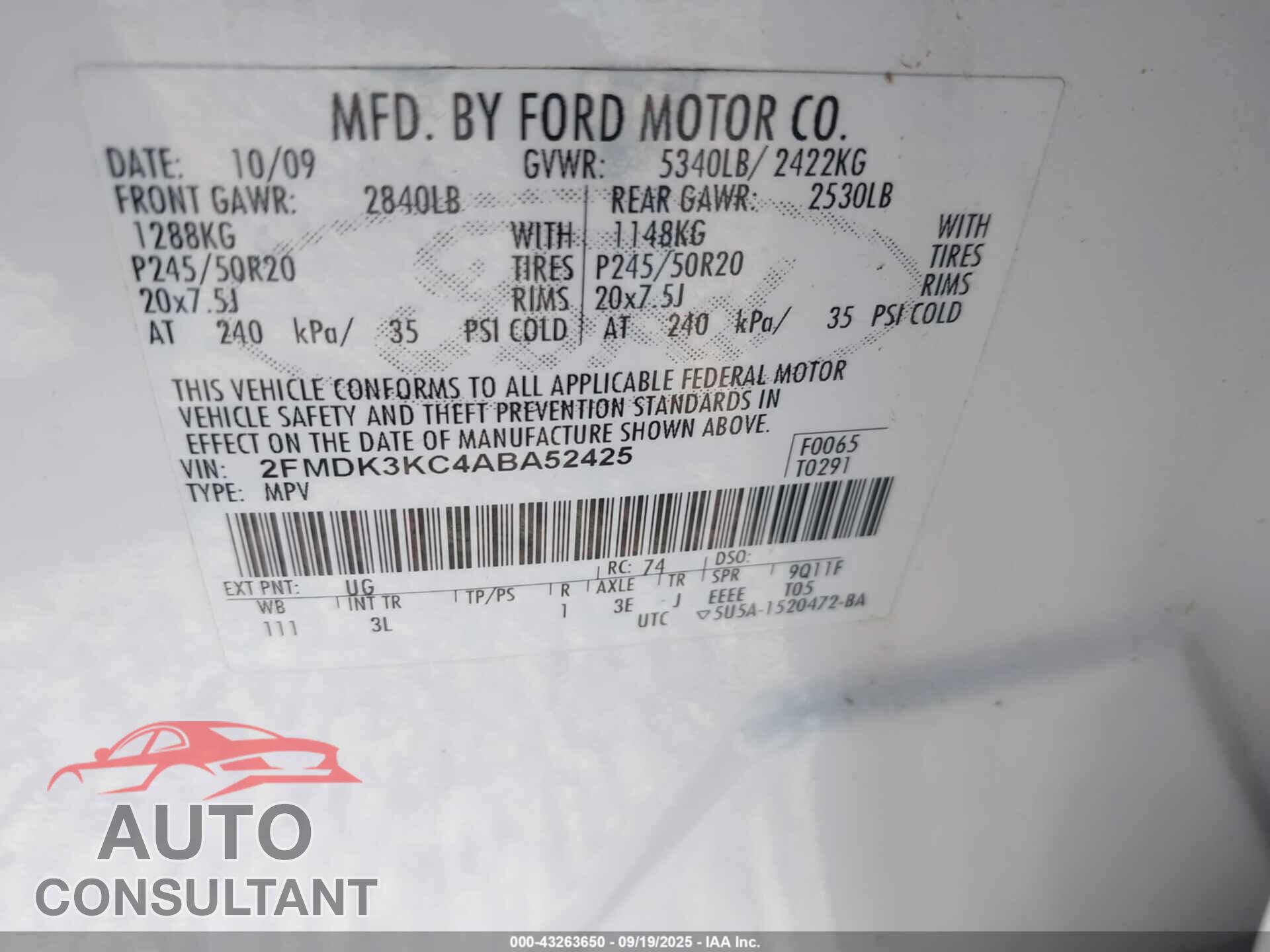 FORD EDGE 2010 - 2FMDK3KC4ABA52425