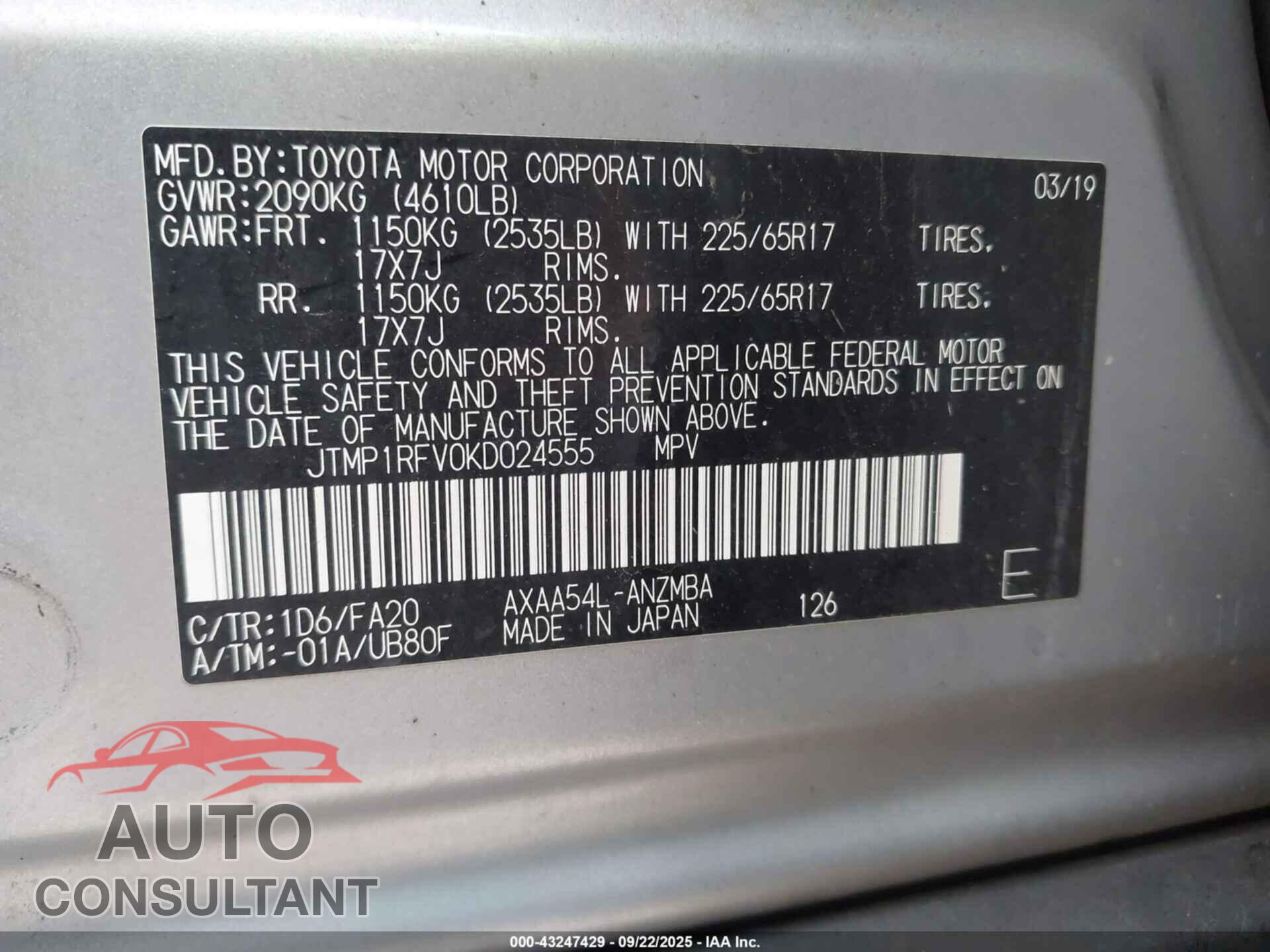 TOYOTA RAV4 2019 - JTMP1RFV0KD024555