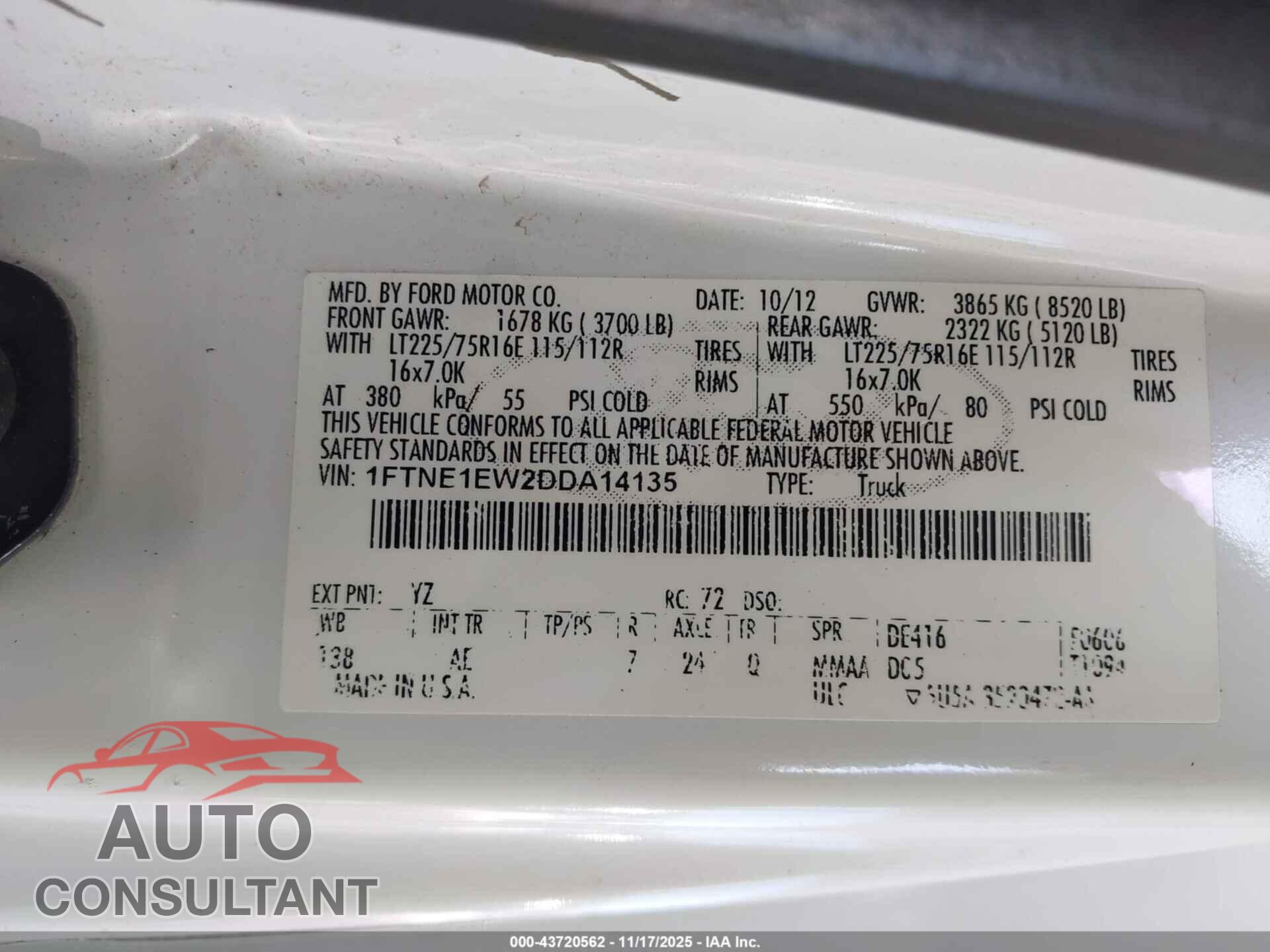 FORD E-150 2013 - 1FTNE1EW2DDA14135