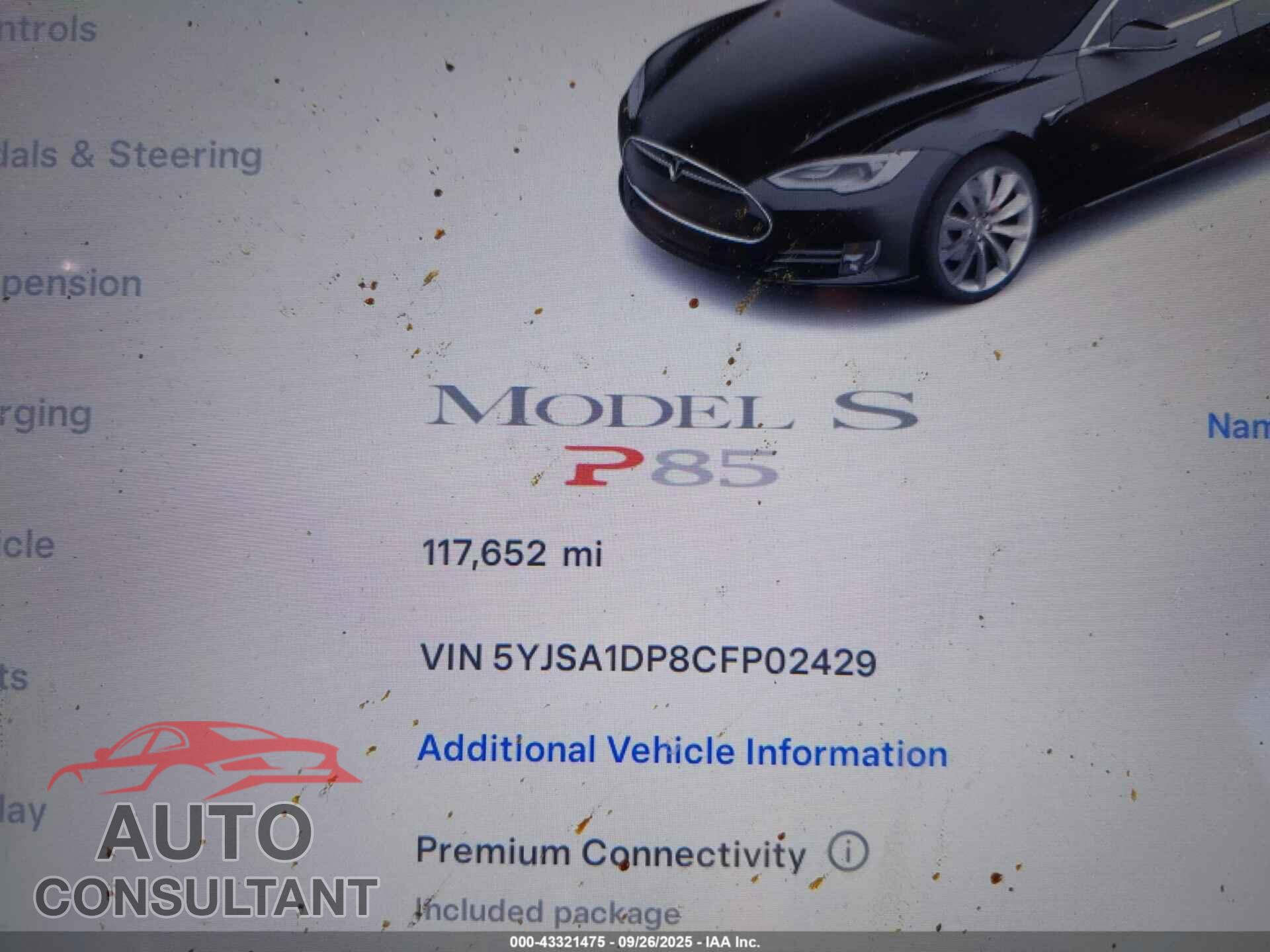 TESLA MODEL S 2012 - 5YJSA1DP8CFP02429