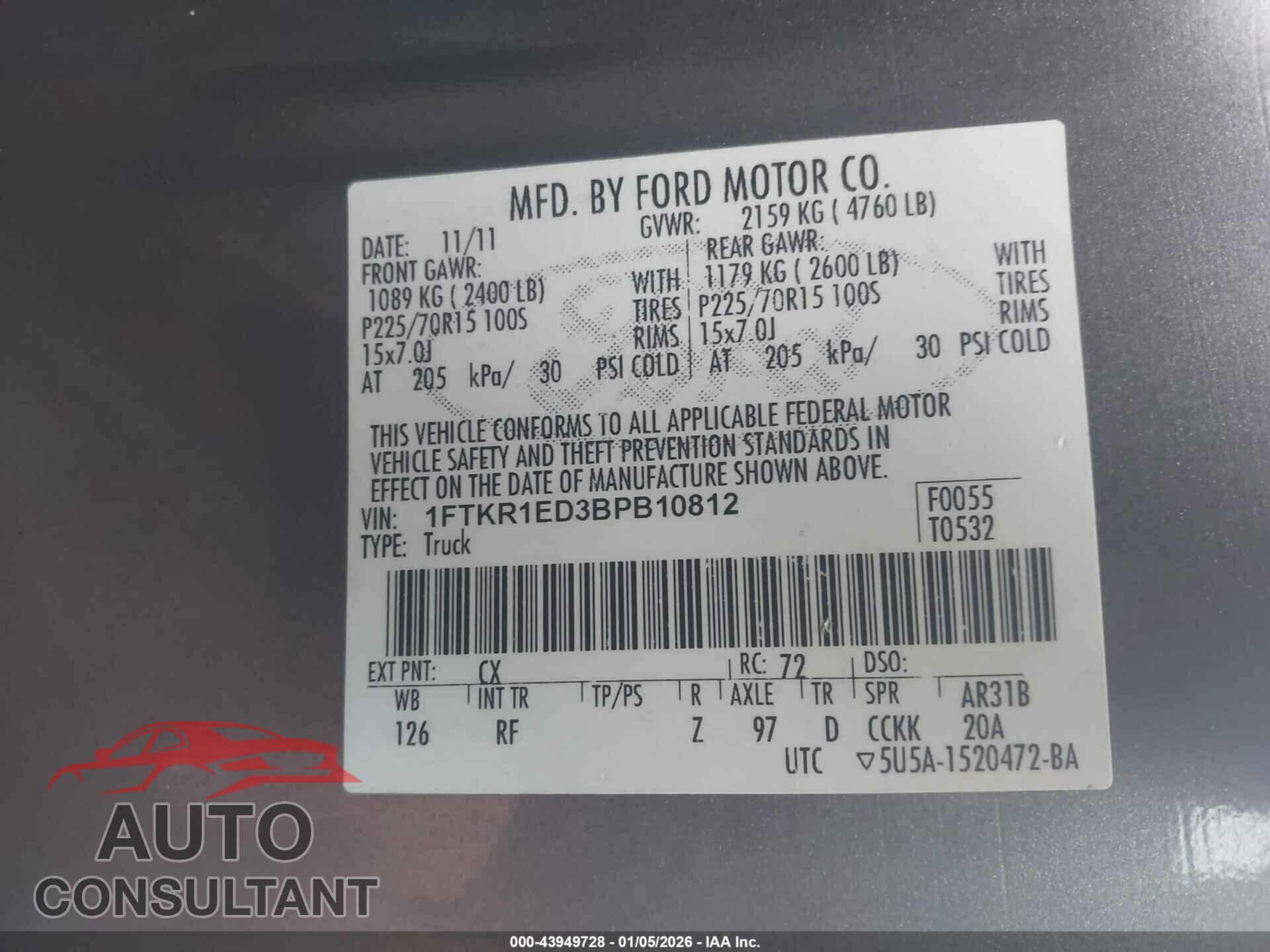 FORD RANGER 2011 - 1FTKR1ED3BPB10812