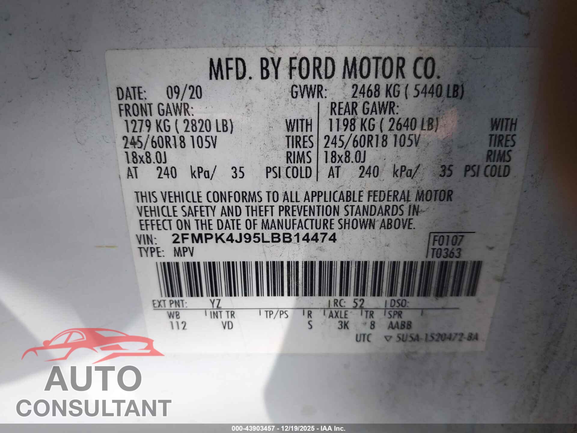 FORD EDGE 2020 - 2FMPK4J95LBB14474