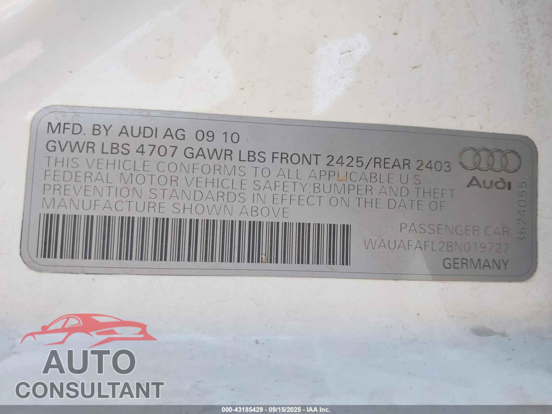AUDI A4 2011 - WAUAFAFL2BN019727
