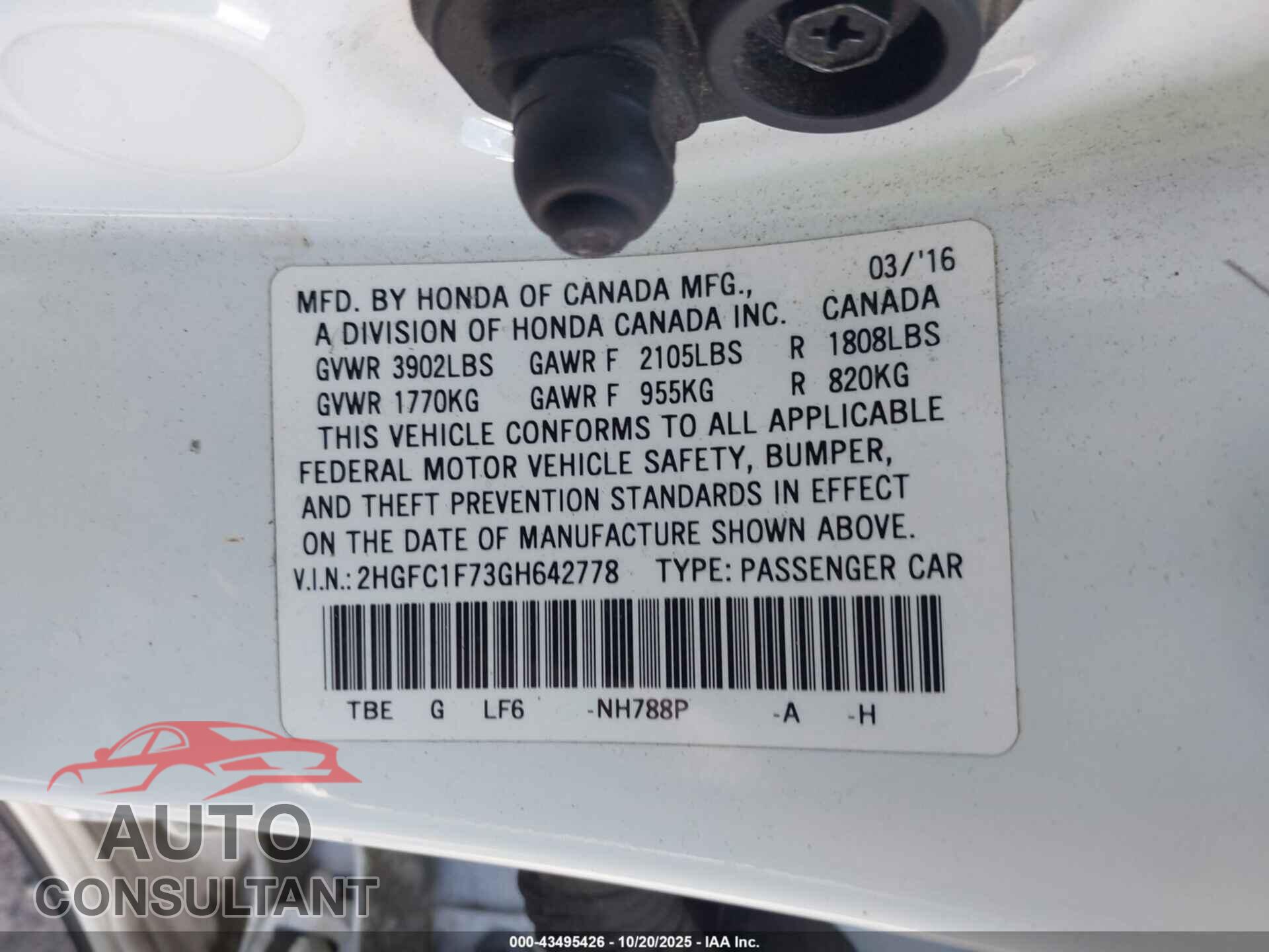 HONDA CIVIC 2016 - 2HGFC1F73GH642778