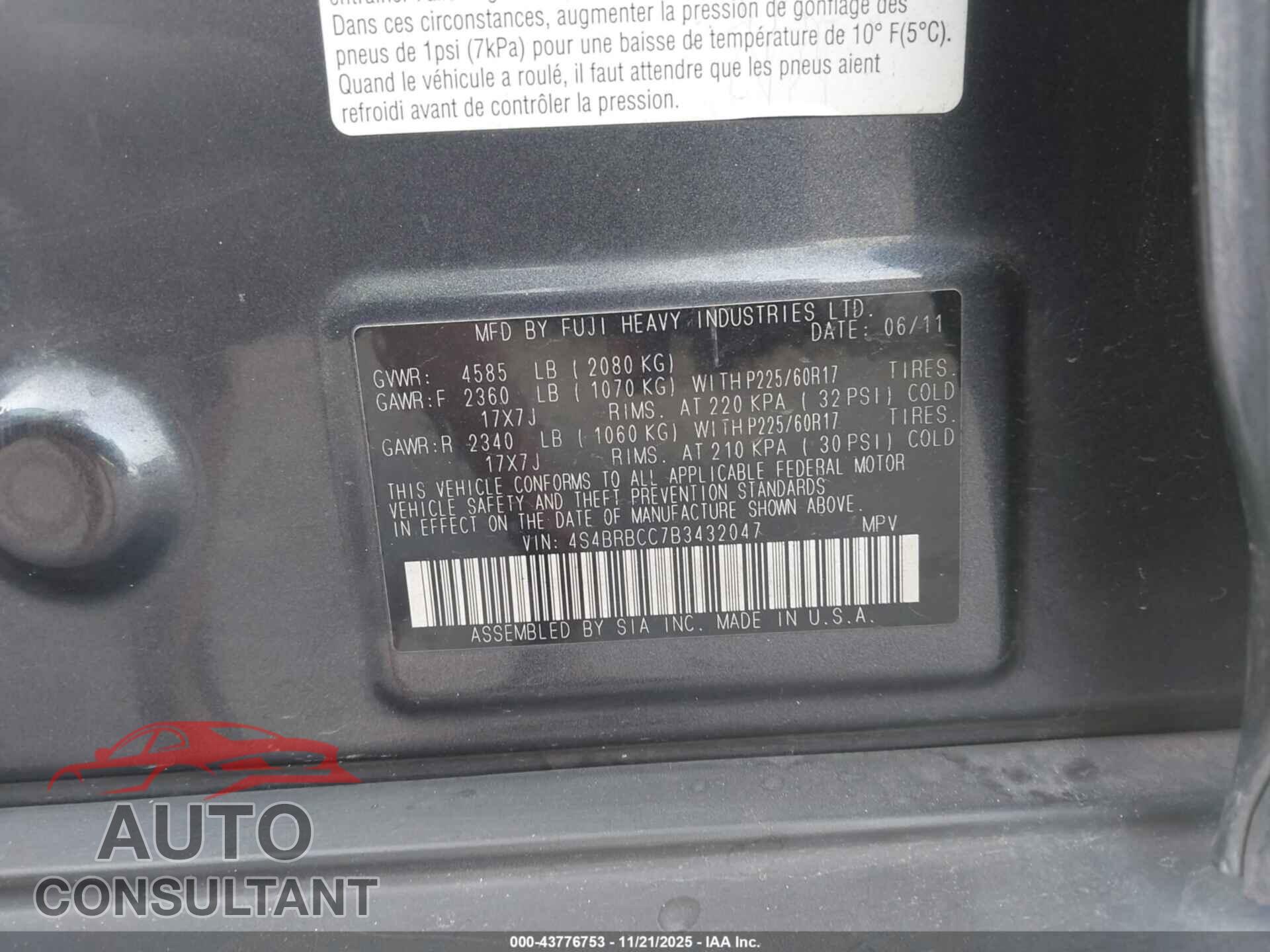 SUBARU OUTBACK 2011 - 4S4BRBCC7B3432047