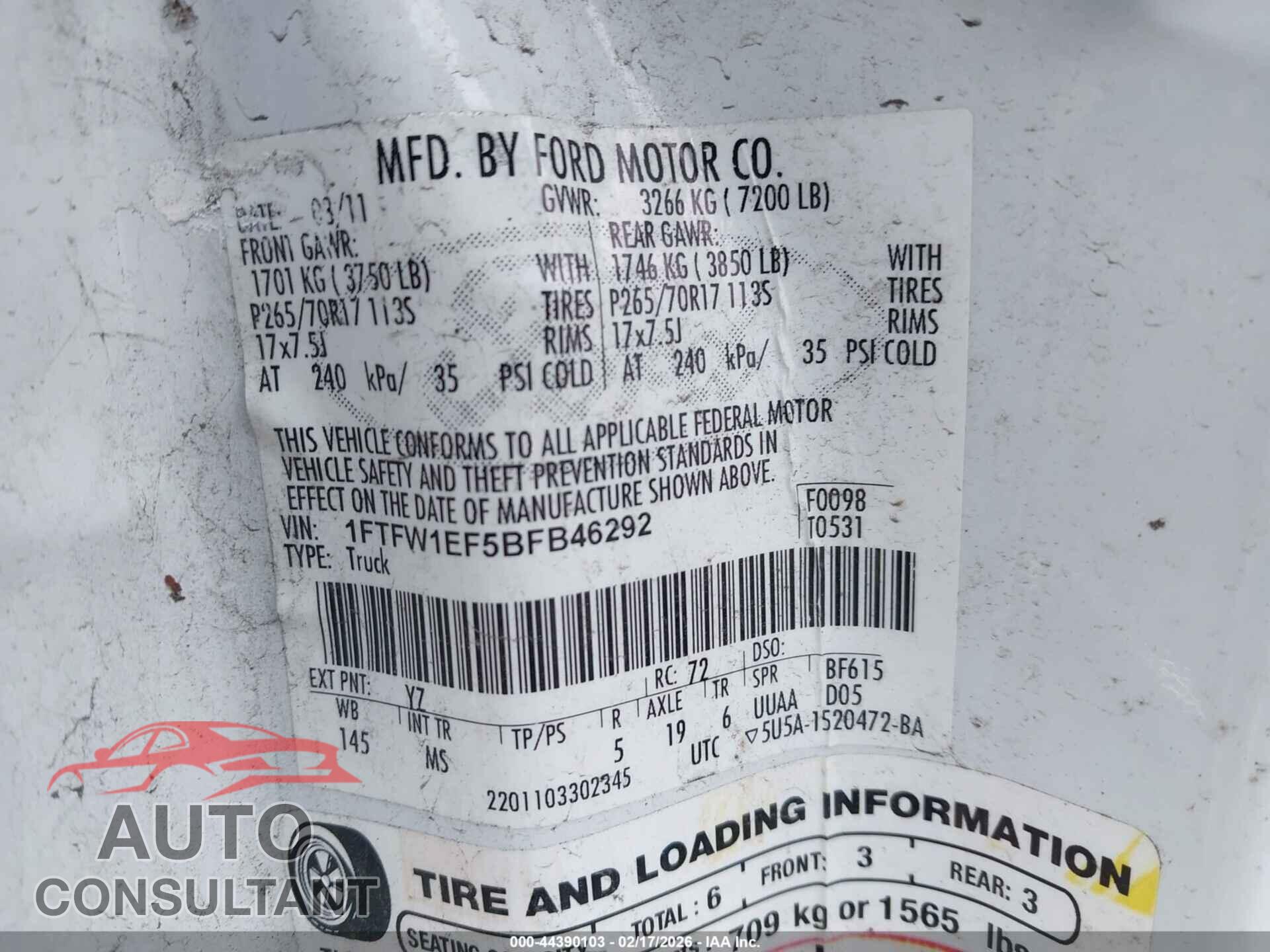 FORD F-150 2011 - 1FTFW1EF5BFB46292