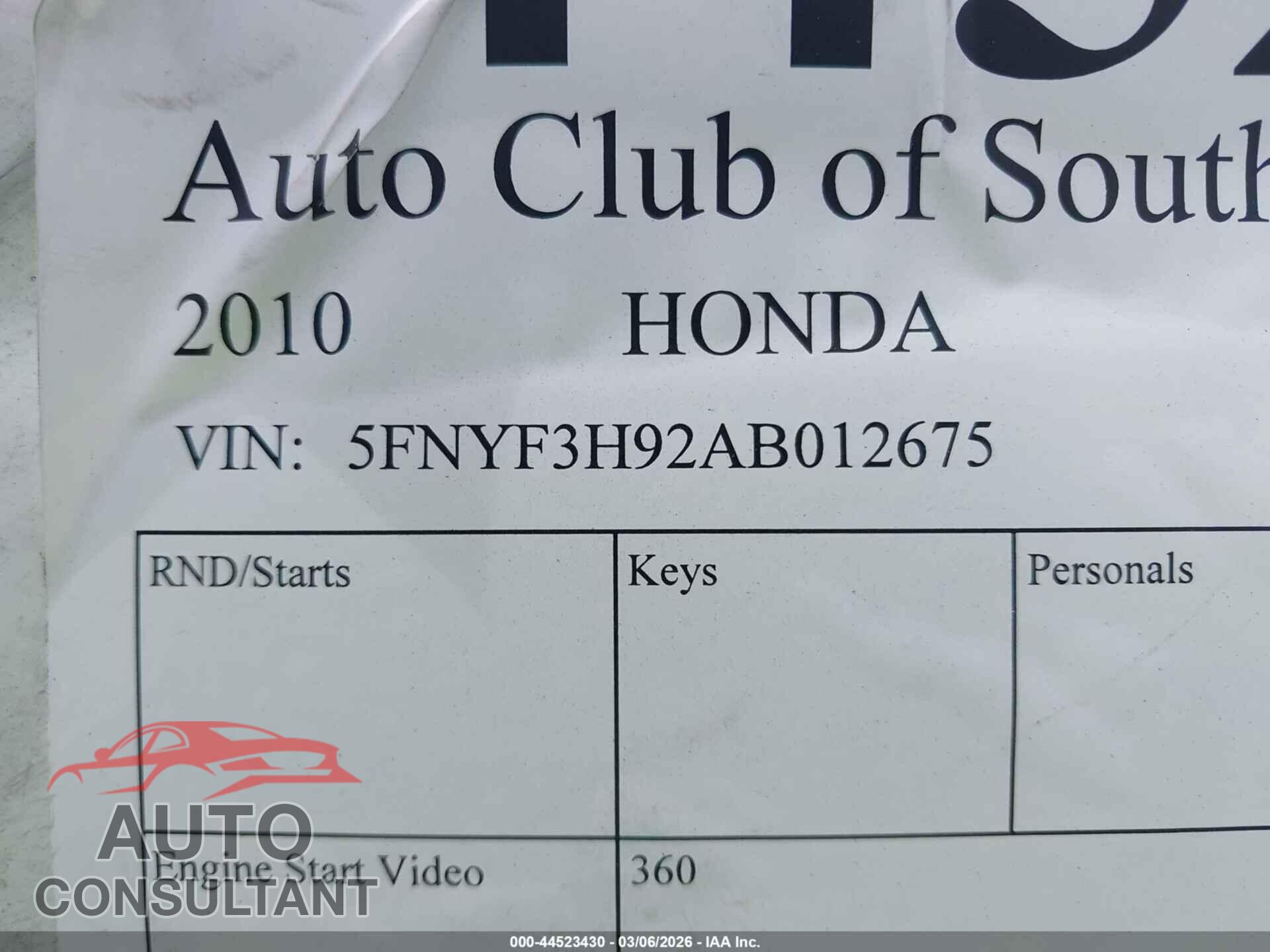 HONDA PILOT 2010 - 5FNYF3H92AB012675
