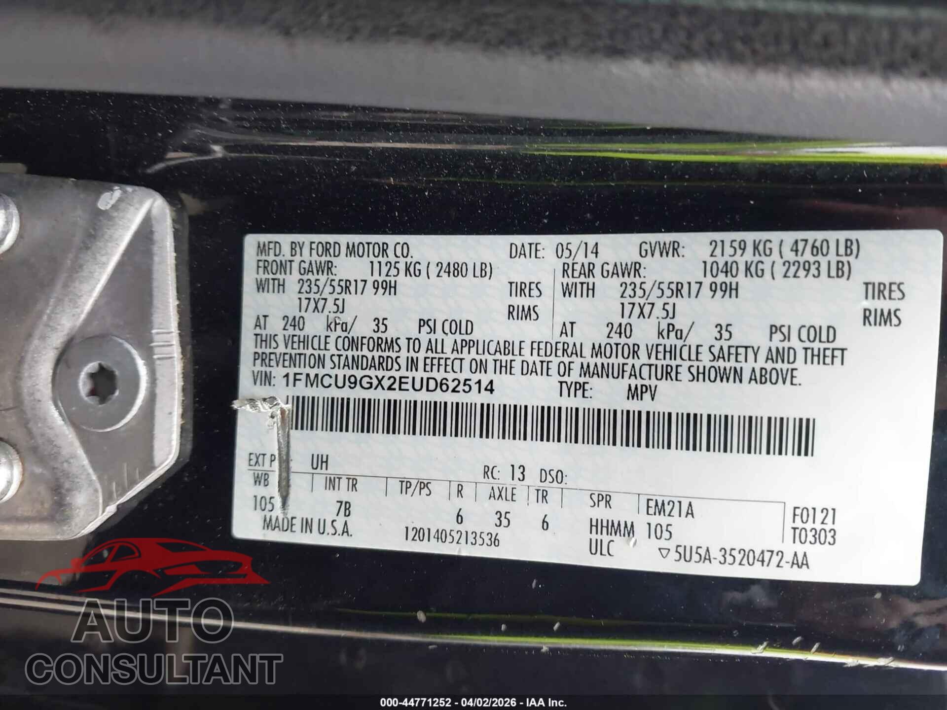 FORD ESCAPE 2014 - 1FMCU9GX2EUD62514