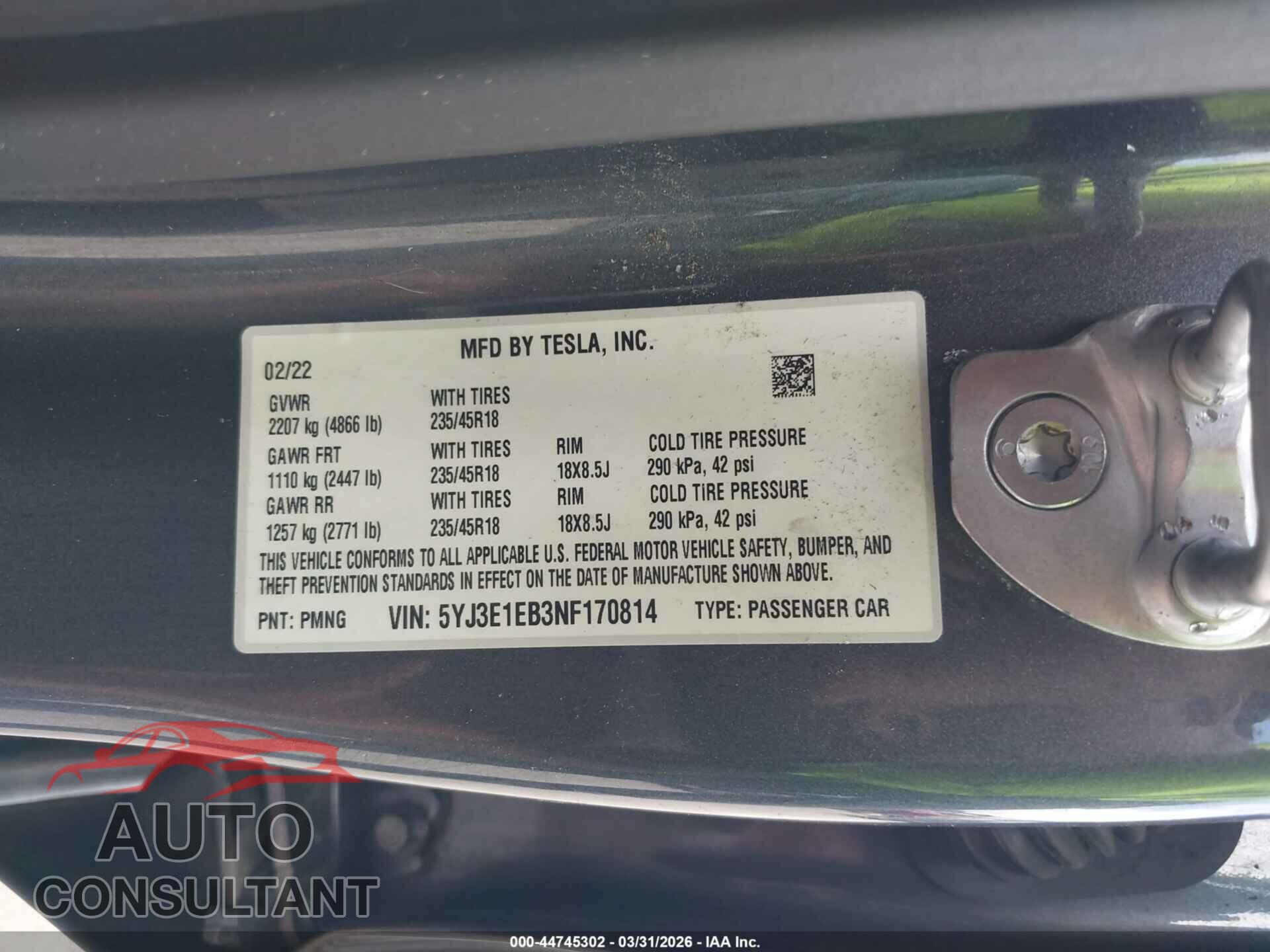 TESLA MODEL 3 2022 - 5YJ3E1EB3NF170814