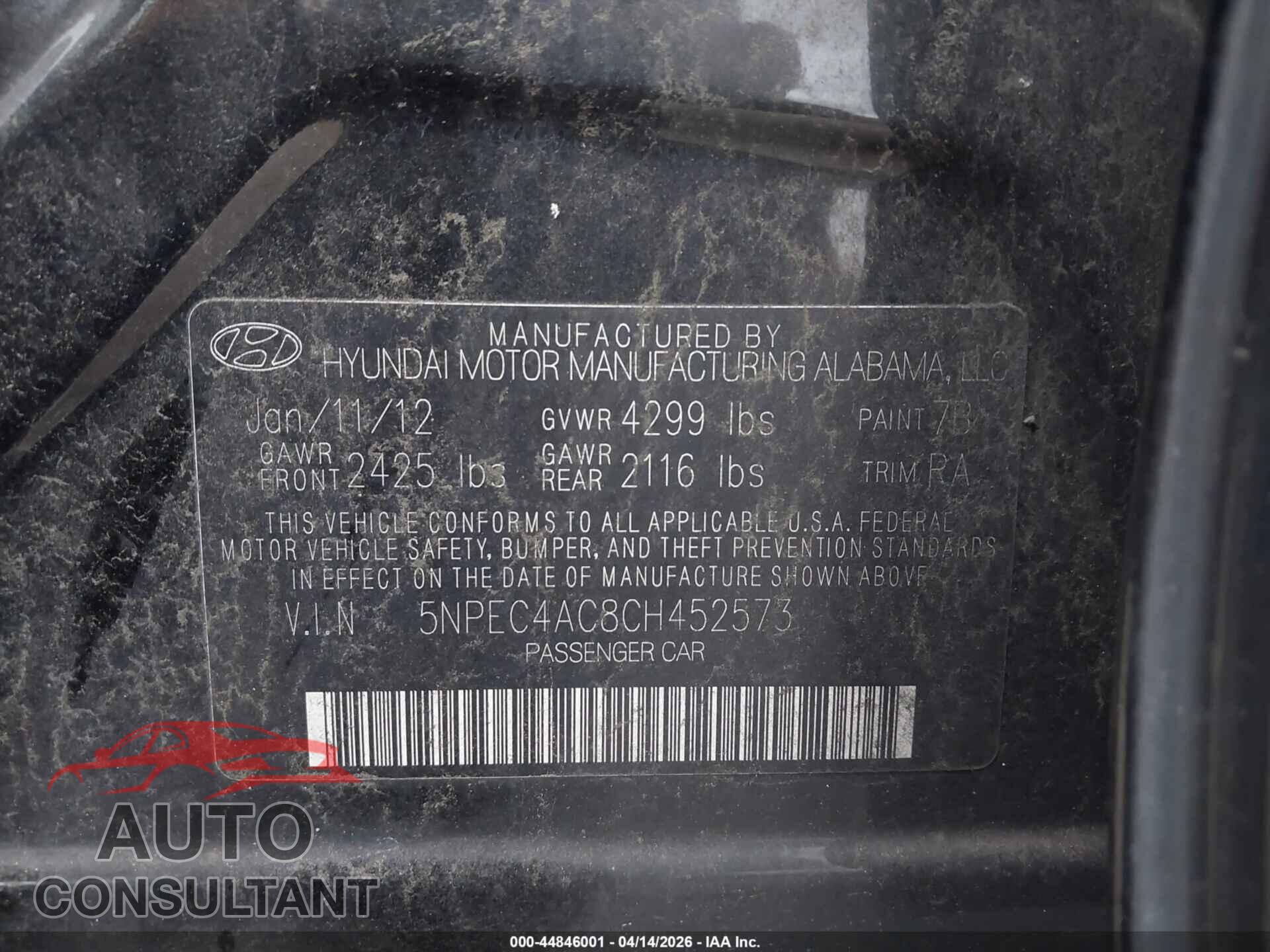 HYUNDAI SONATA 2012 - 5NPEC4AC8CH452573