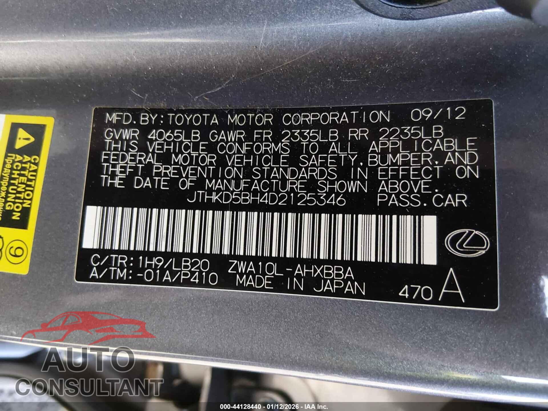 LEXUS CT 2013 - JTHKD5BH4D2125346