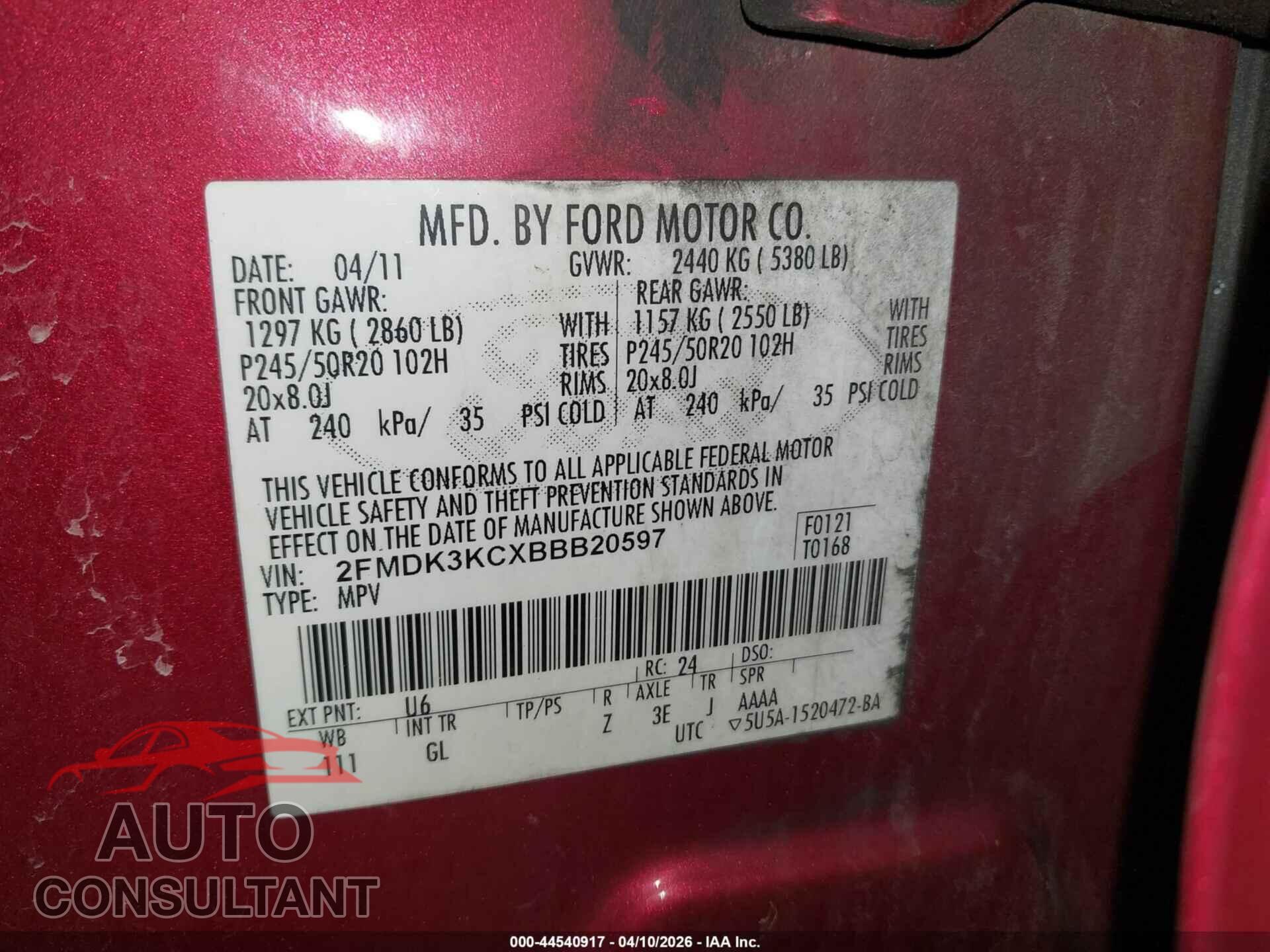 FORD EDGE 2011 - 2FMDK3KCXBBB20597