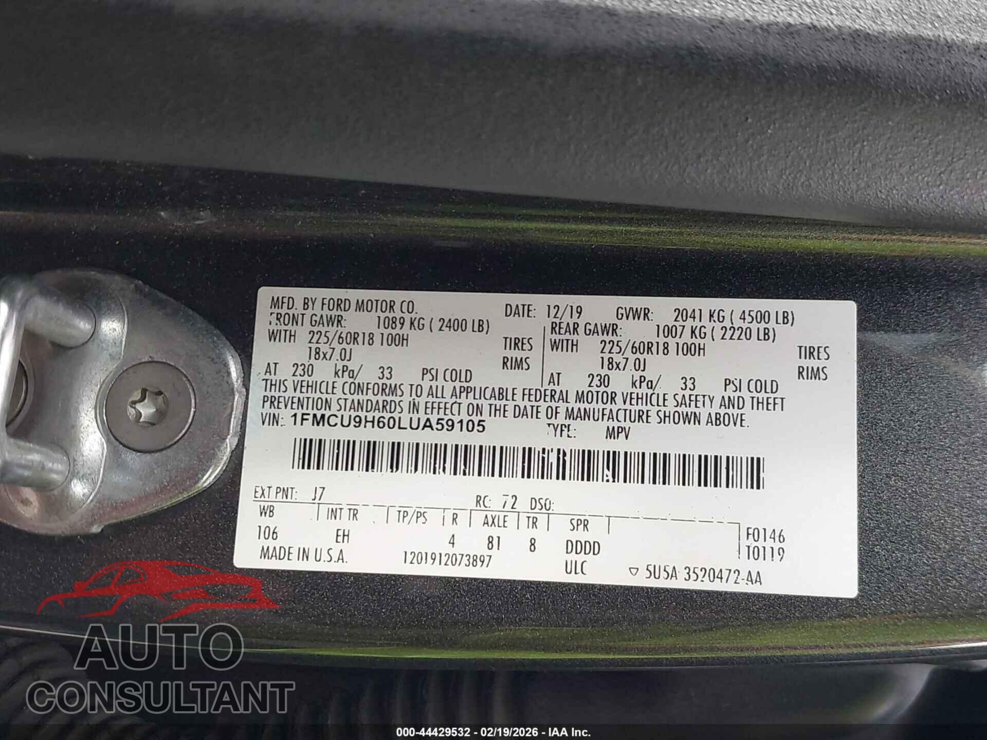 FORD ESCAPE 2020 - 1FMCU9H60LUA59105