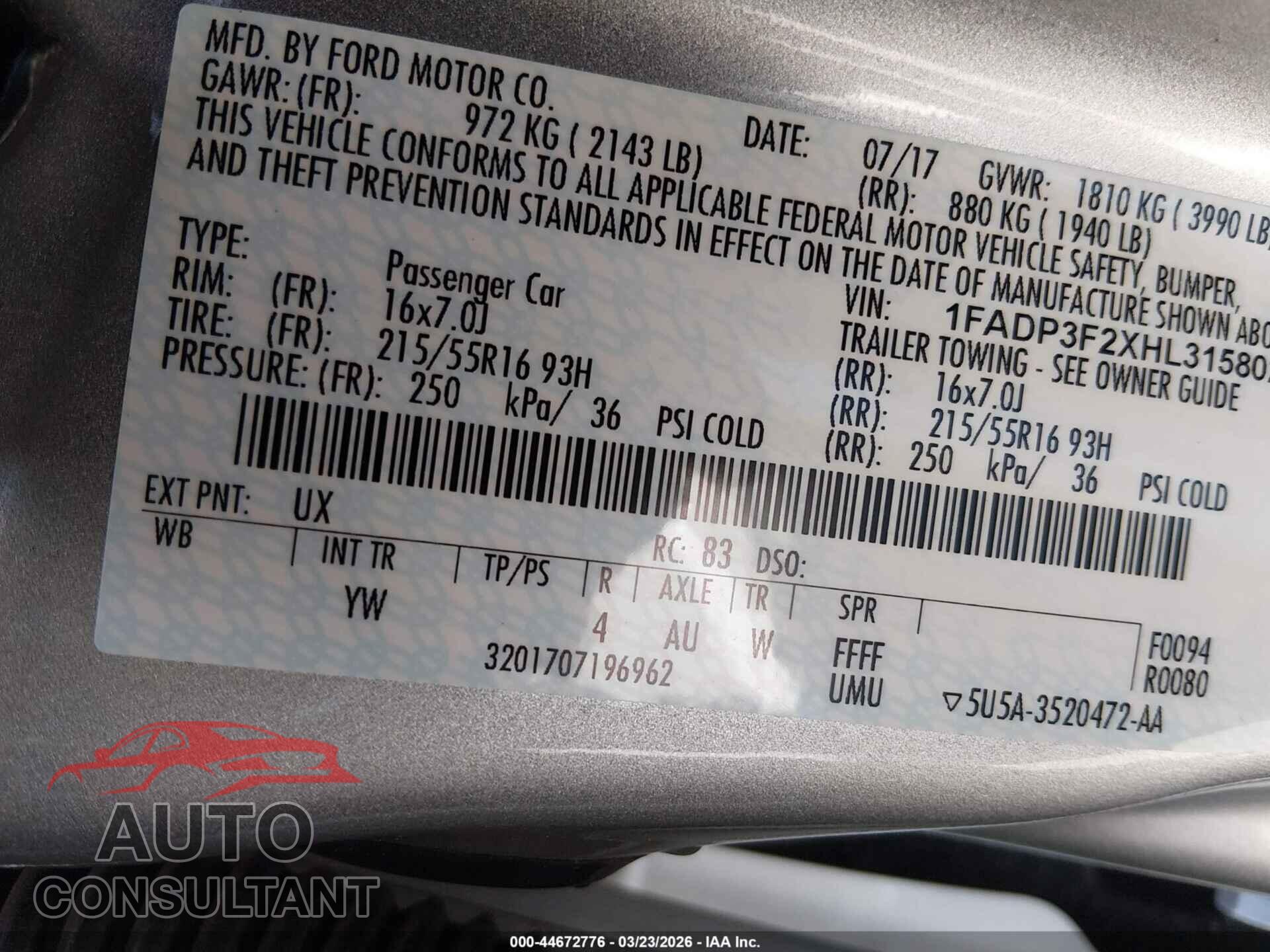 FORD FOCUS 2017 - 1FADP3F2XHL315802