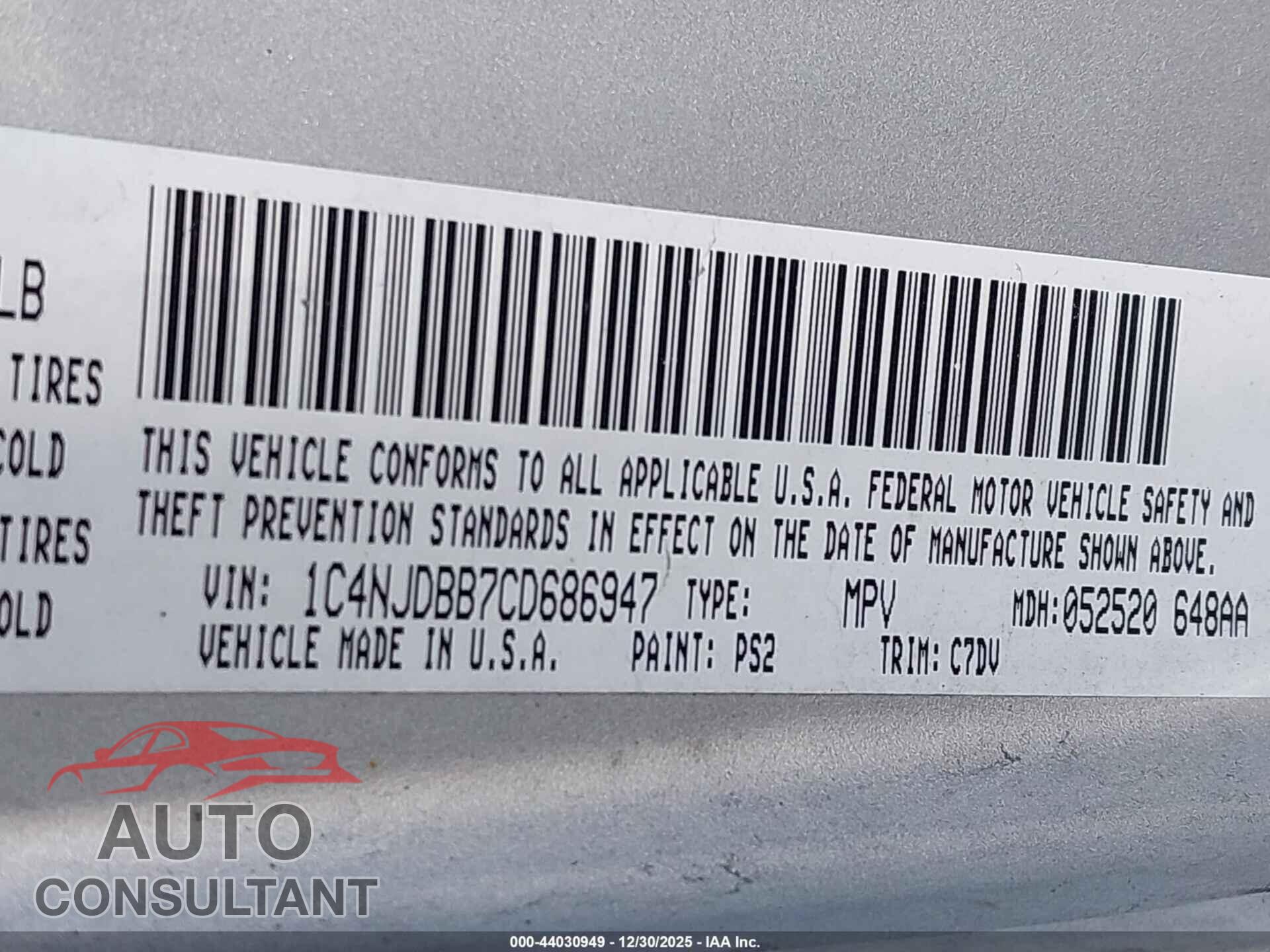 JEEP COMPASS 2012 - 1C4NJDBB7CD686947