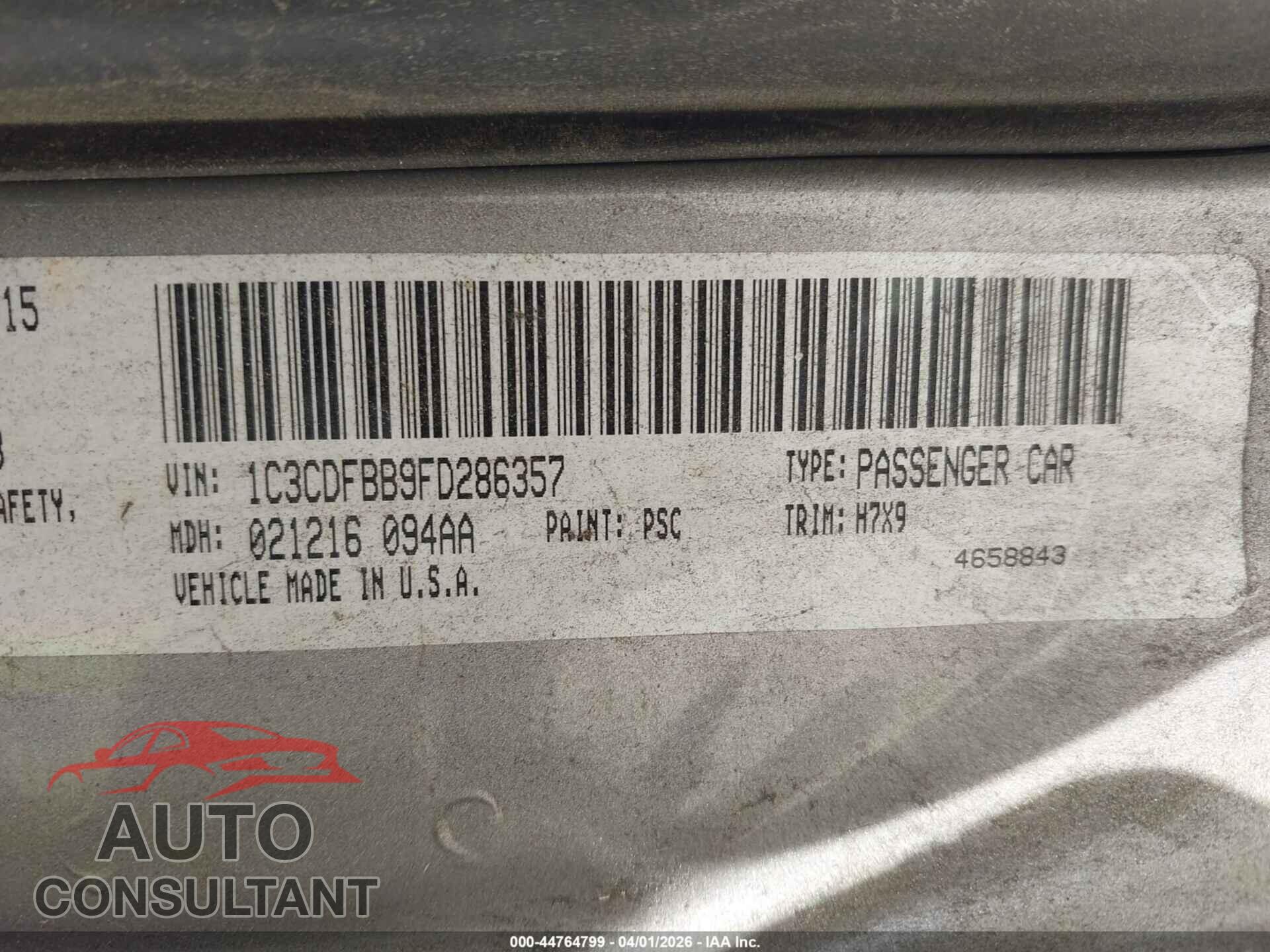DODGE DART 2015 - 1C3CDFBB9FD286357