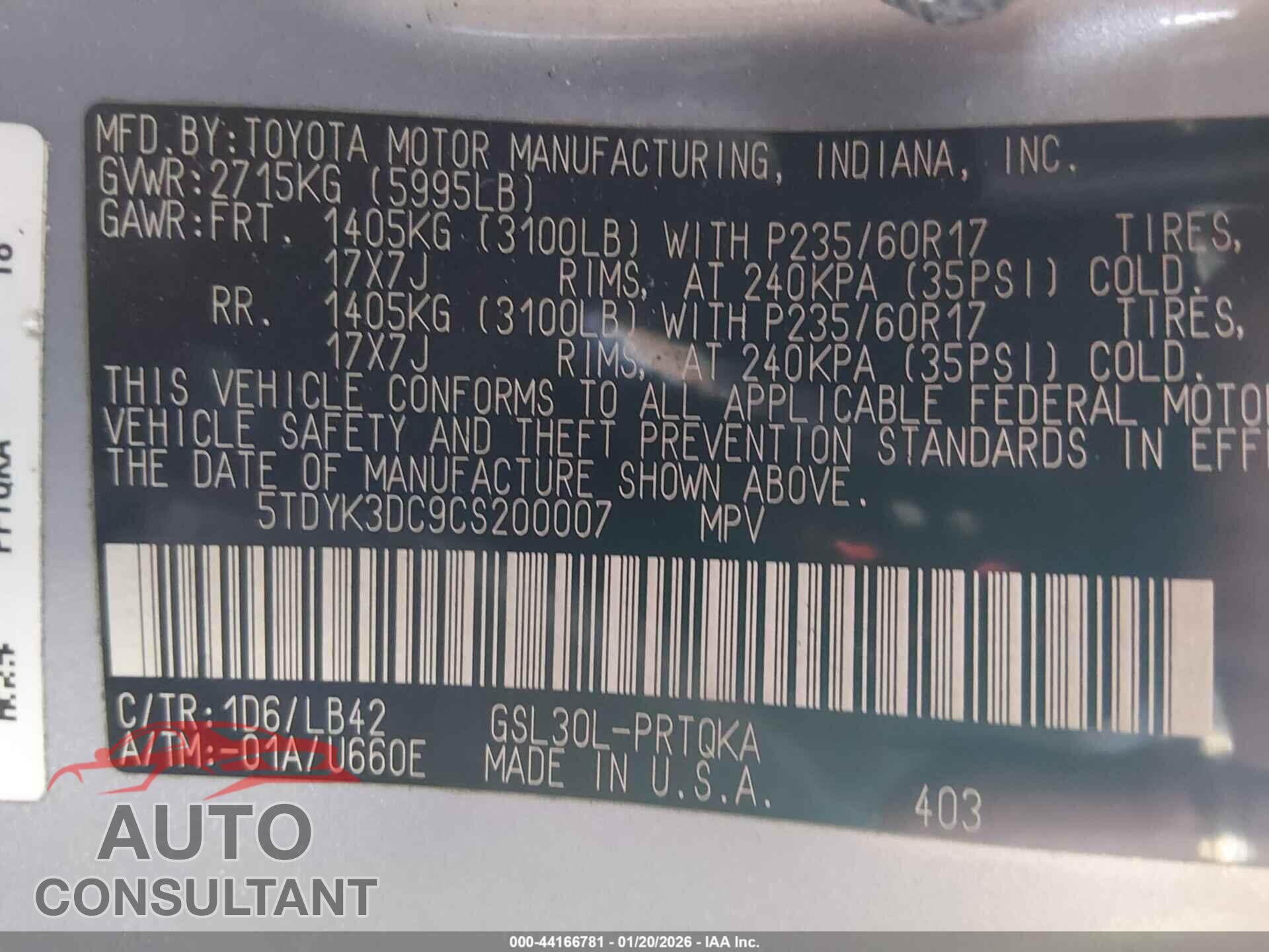 TOYOTA SIENNA 2012 - 5TDYK3DC9CS200007