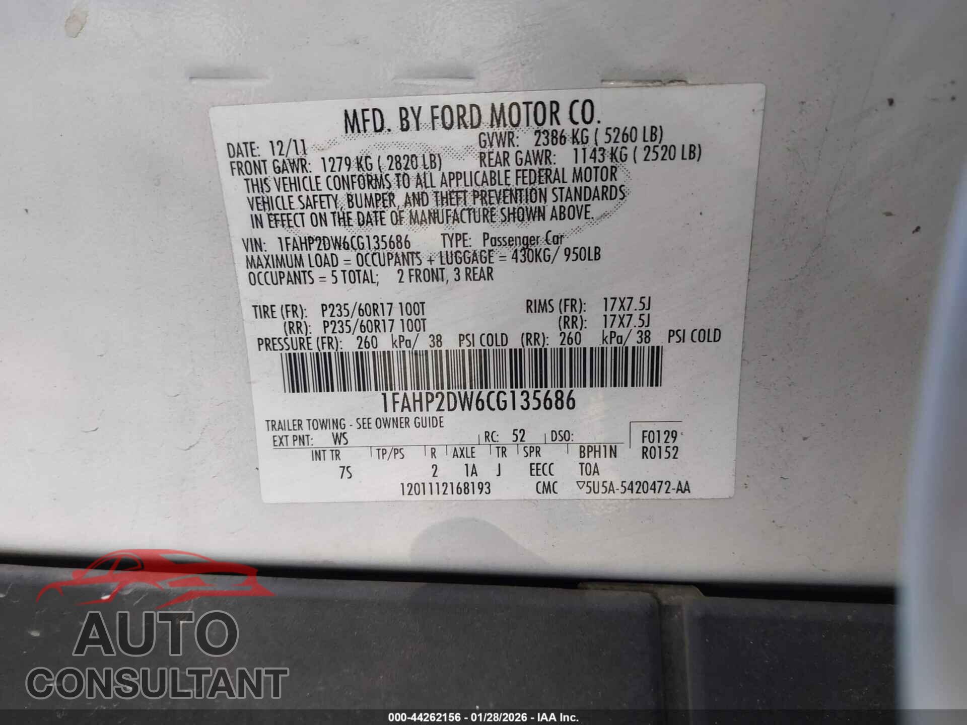 FORD TAURUS 2012 - 1FAHP2DW6CG135686