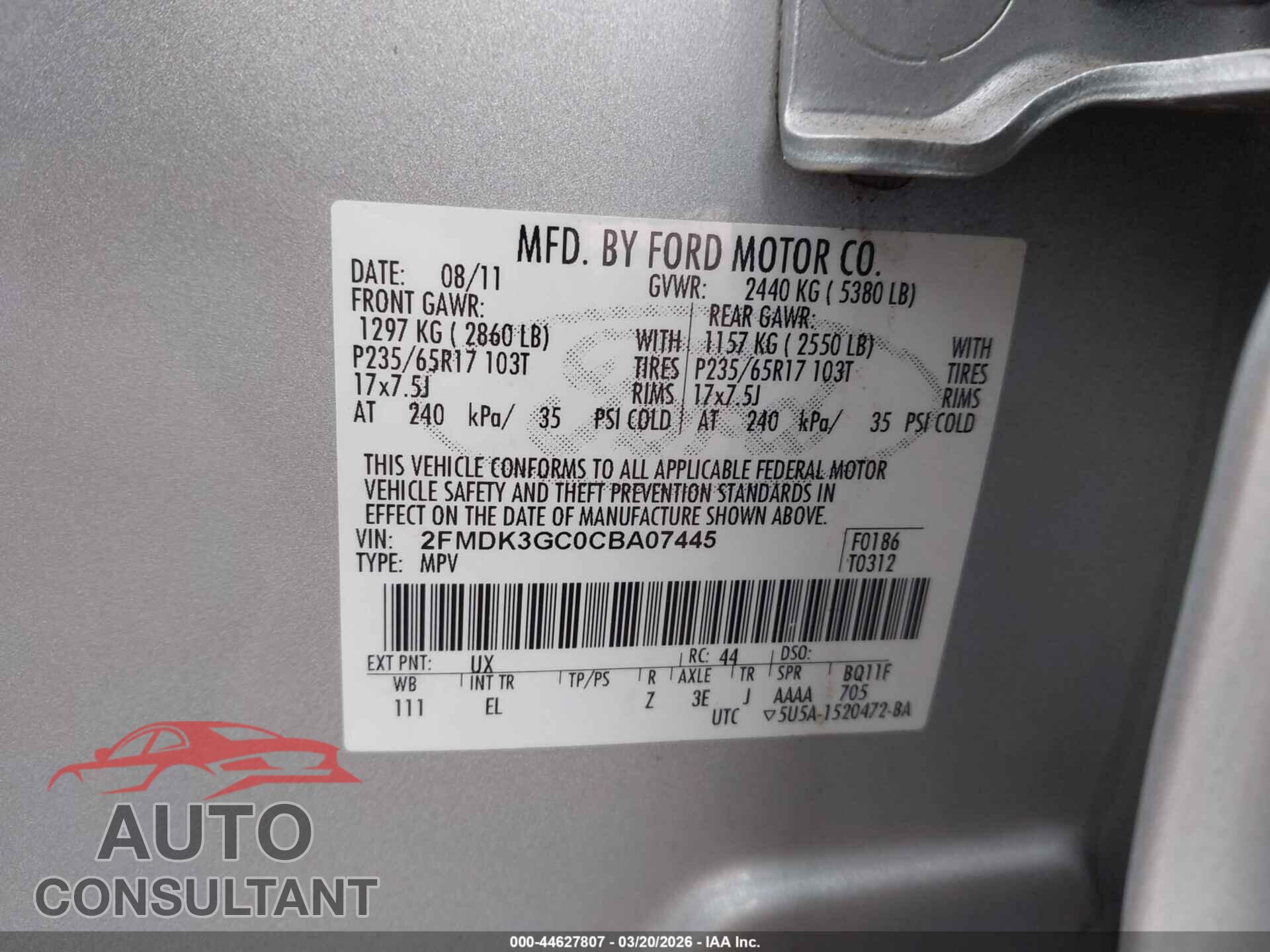 FORD EDGE 2012 - 2FMDK3GC0CBA07445