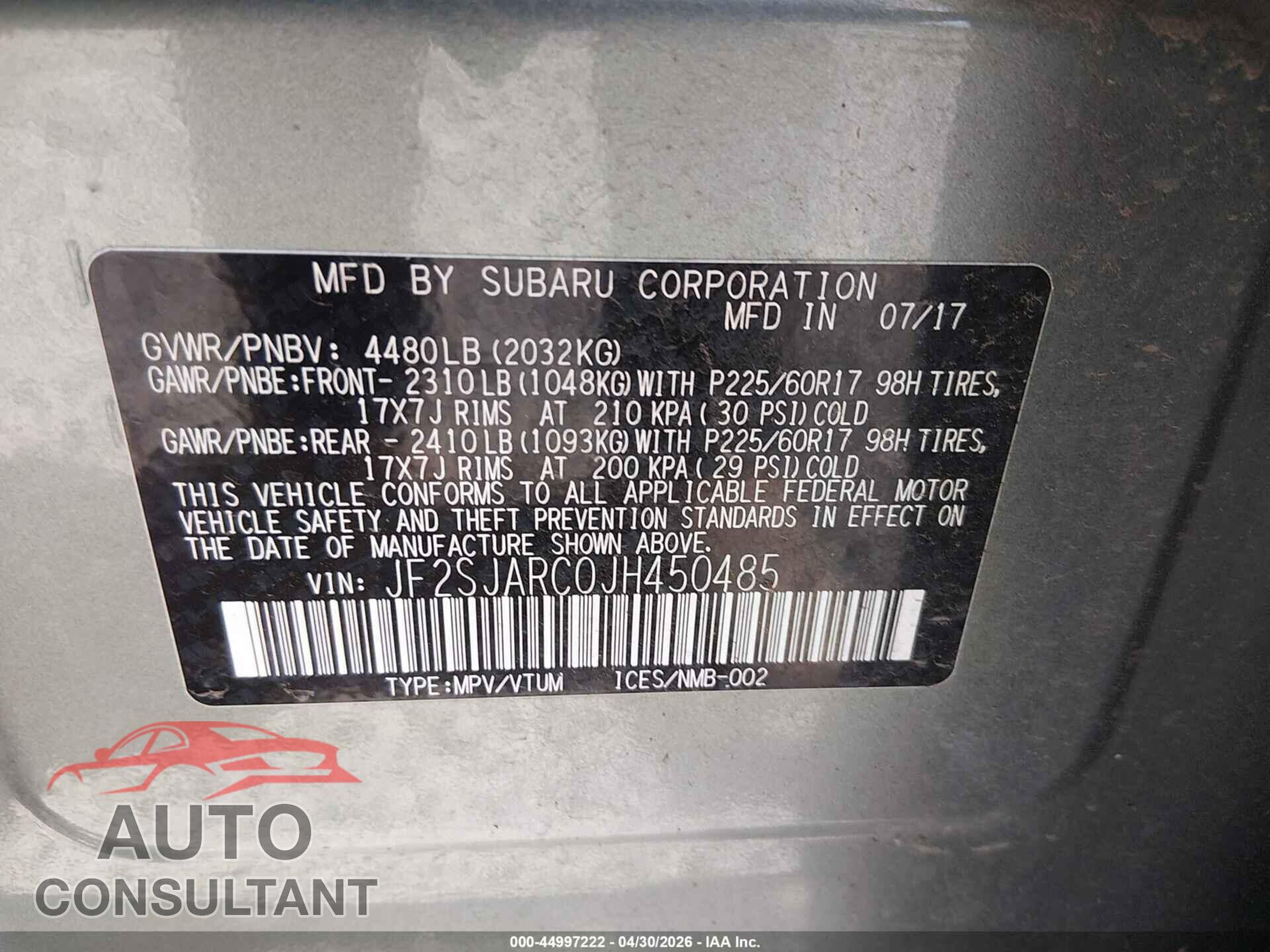 SUBARU FORESTER 2018 - JF2SJARC0JH450485