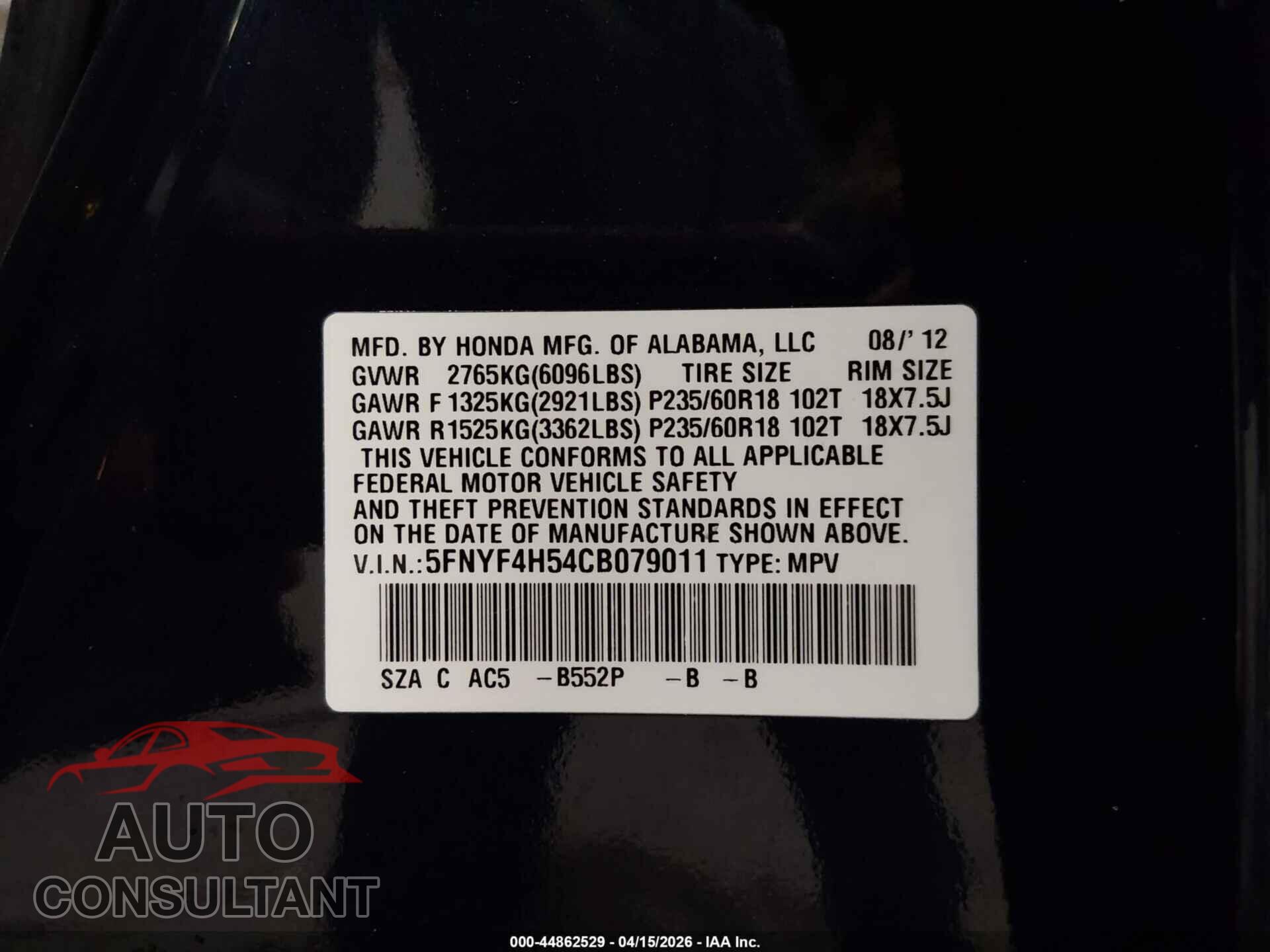 HONDA PILOT 2012 - 5FNYF4H54CB079011
