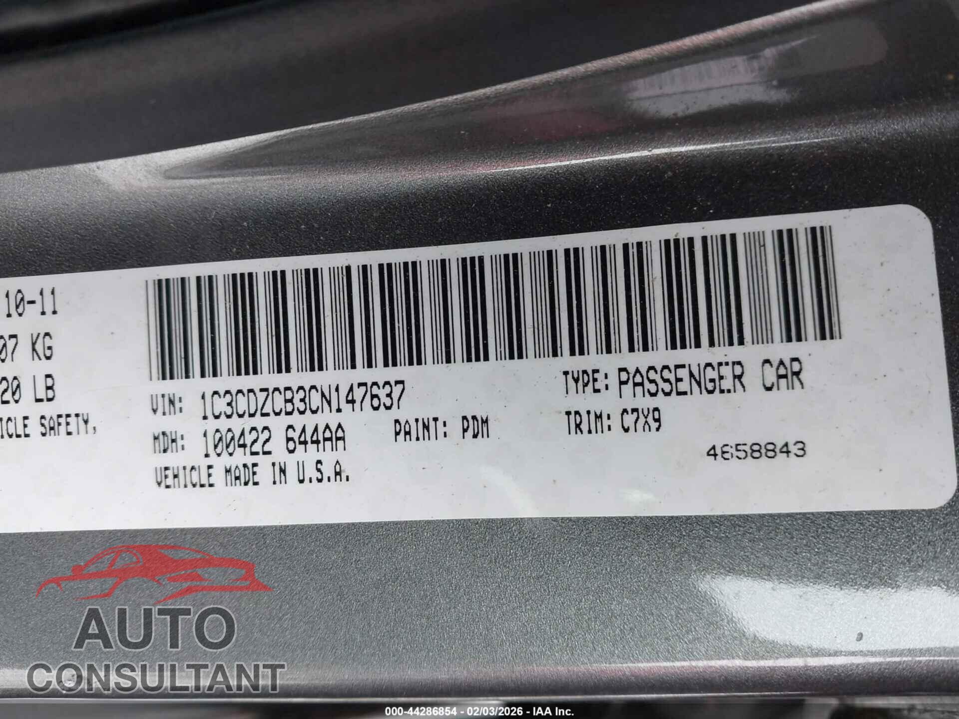 DODGE AVENGER 2012 - 1C3CDZCB3CN147637