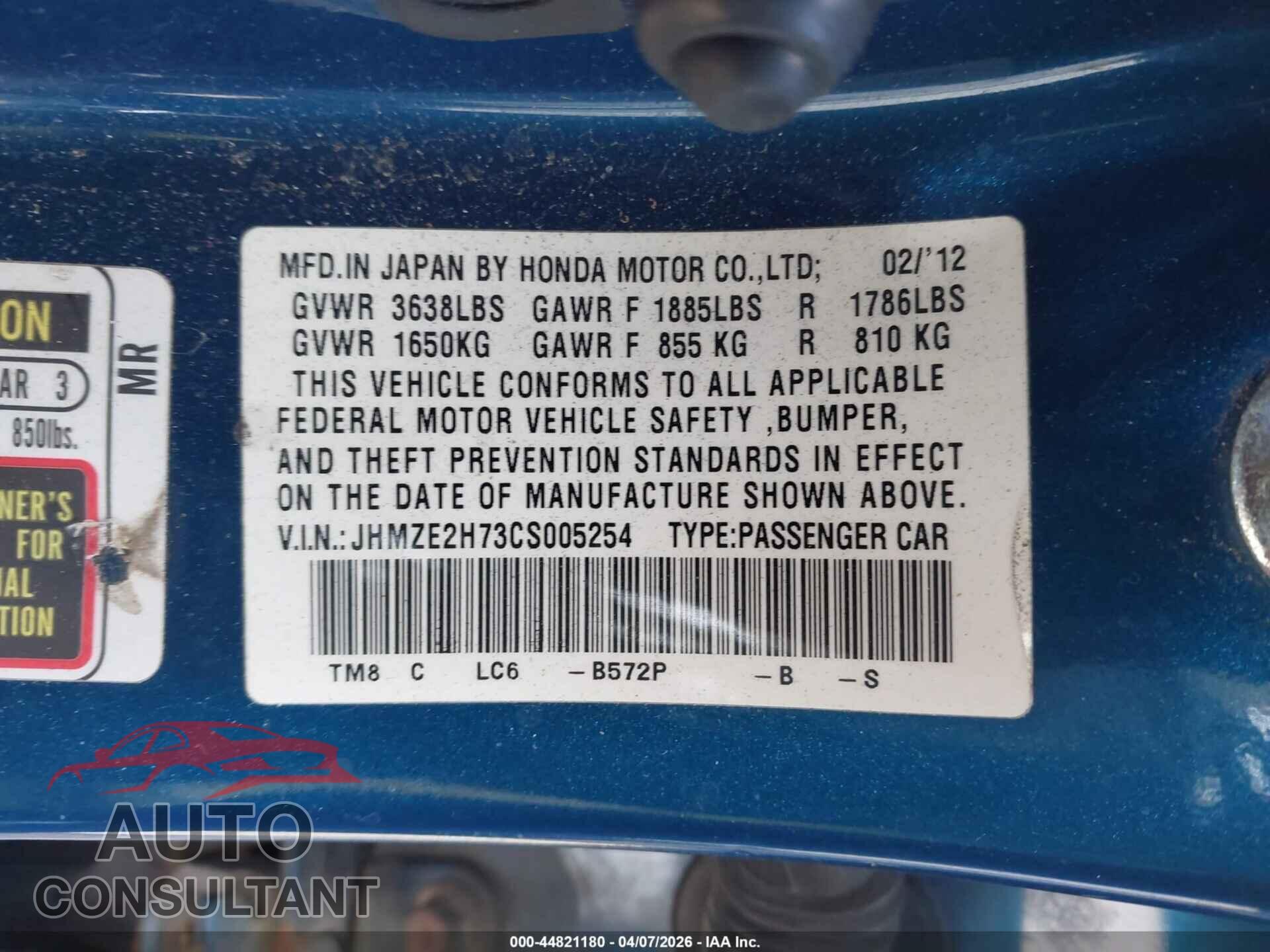HONDA INSIGHT 2012 - JHMZE2H73CS005254