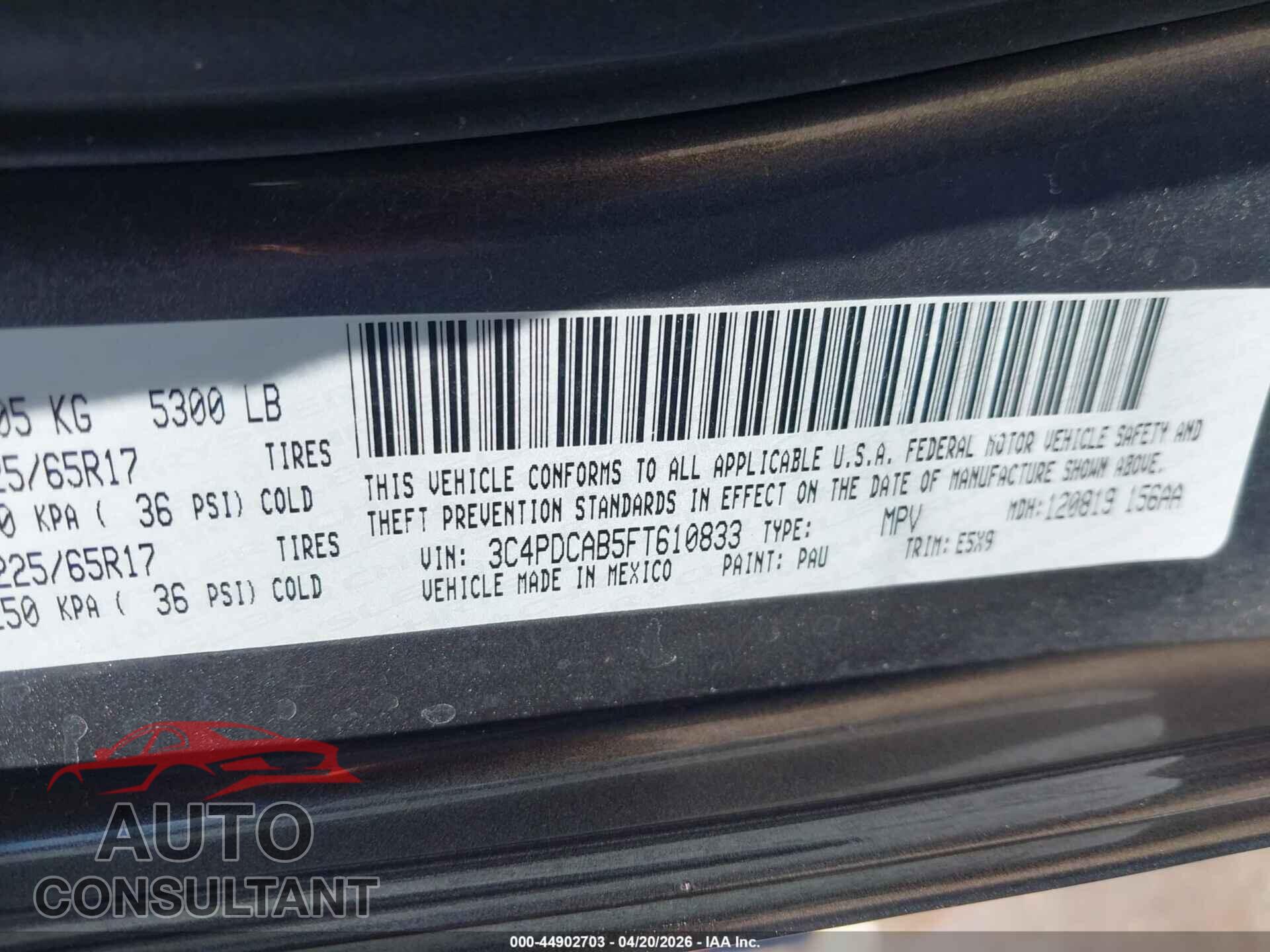 DODGE JOURNEY 2015 - 3C4PDCAB5FT610833