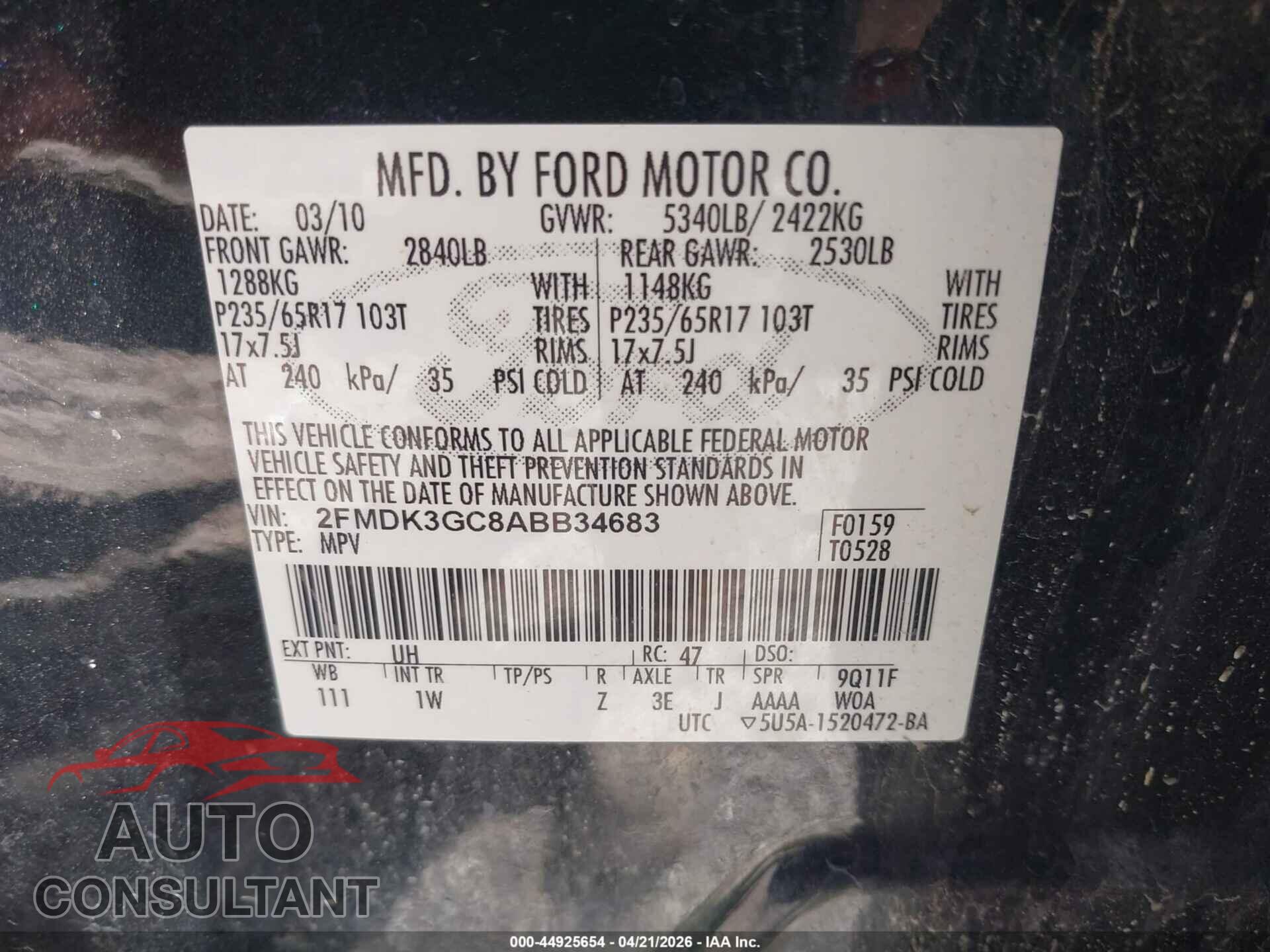 FORD EDGE 2010 - 2FMDK3GC8ABB34683