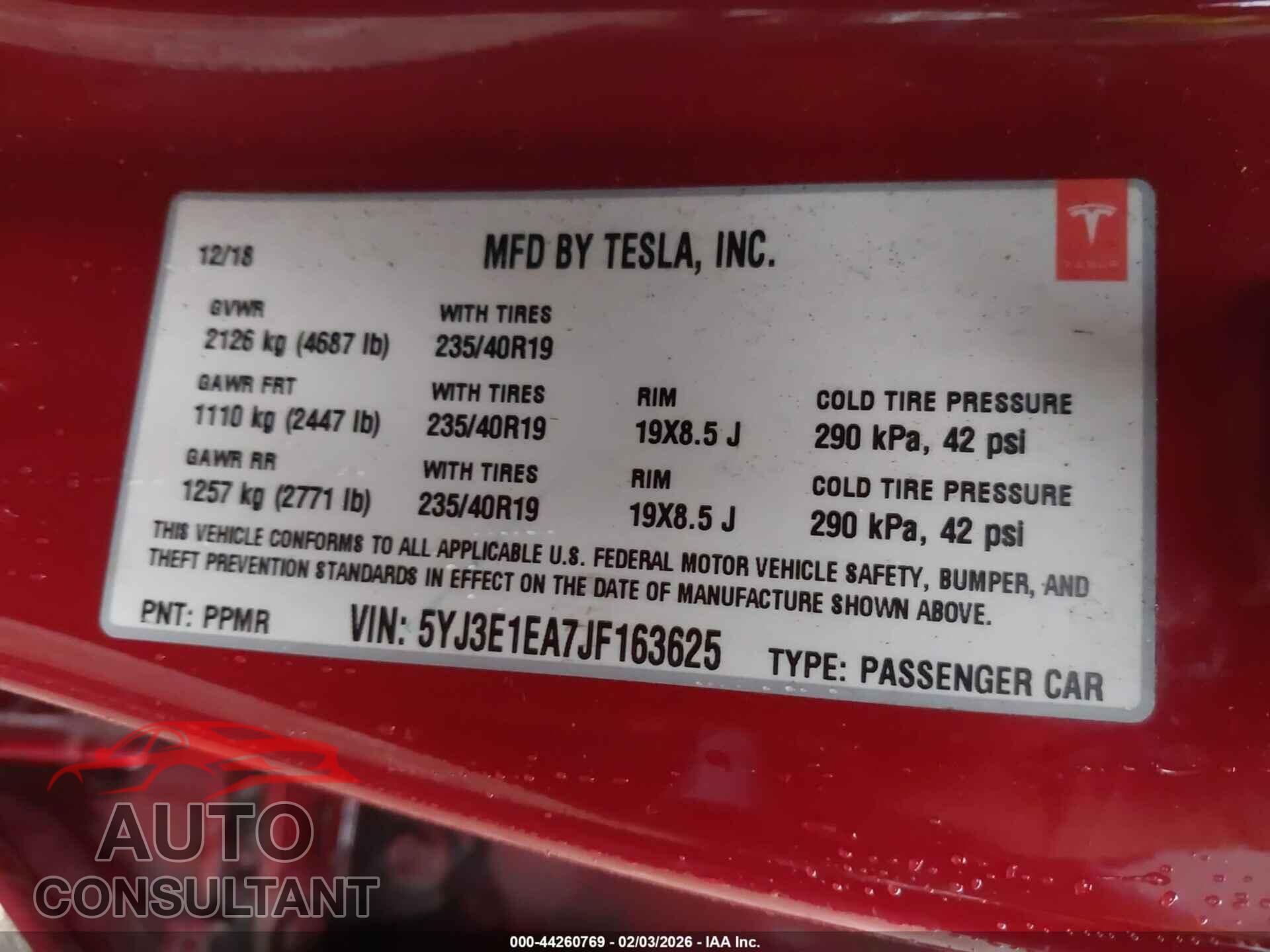 TESLA MODEL 3 2018 - 5YJ3E1EA7JF163625