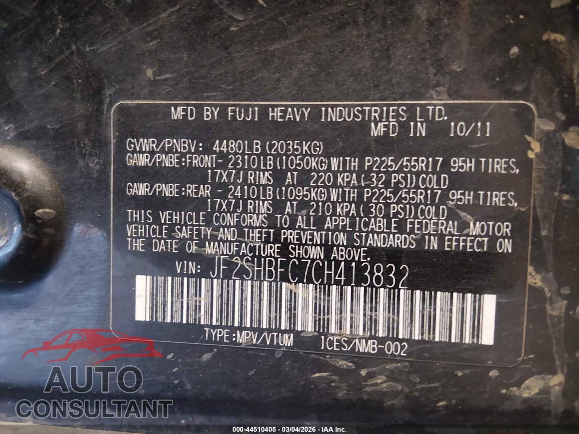 SUBARU FORESTER 2012 - JF2SHBFC7CH413832
