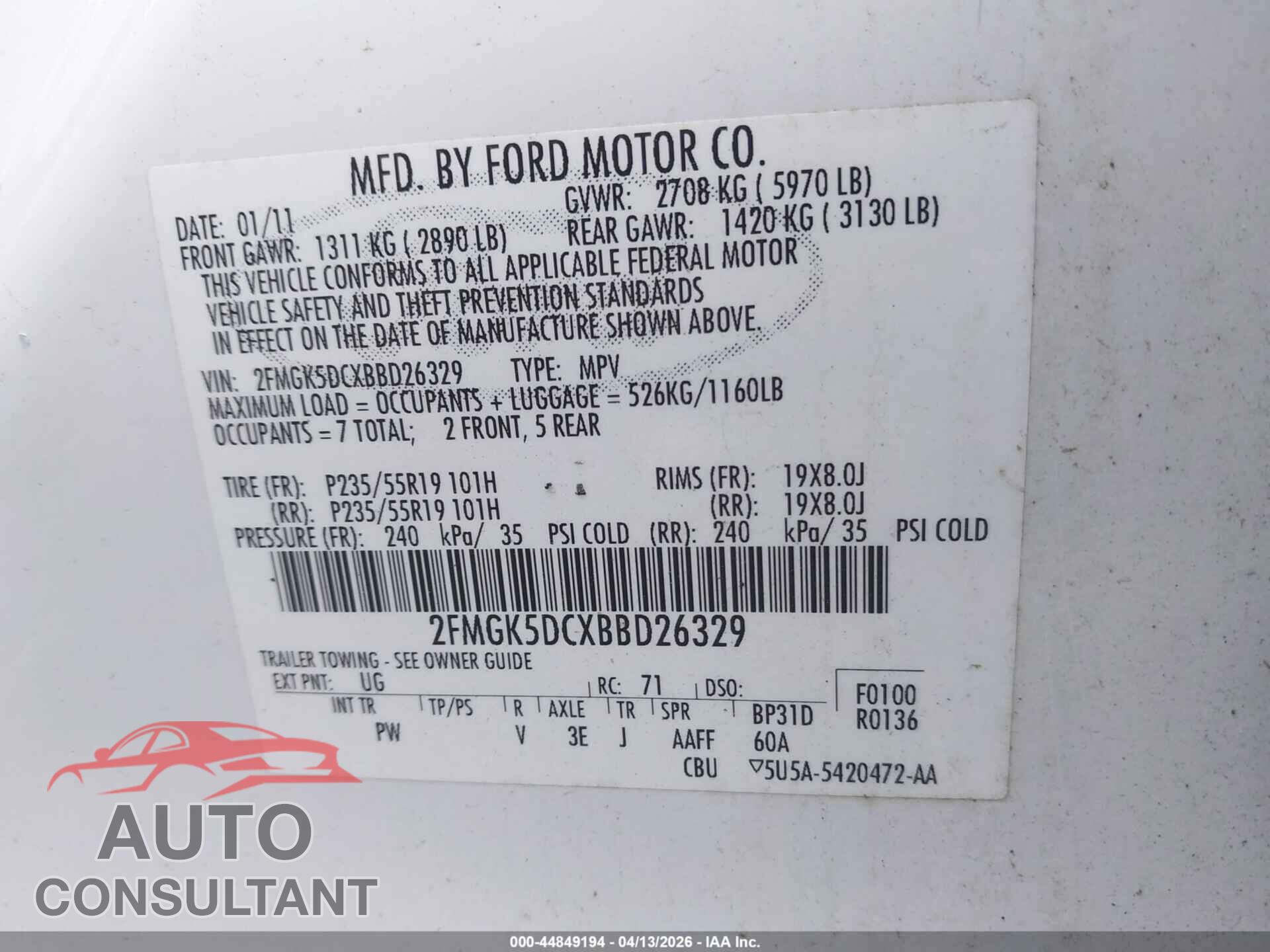 FORD FLEX 2011 - 2FMGK5DCXBBD26329