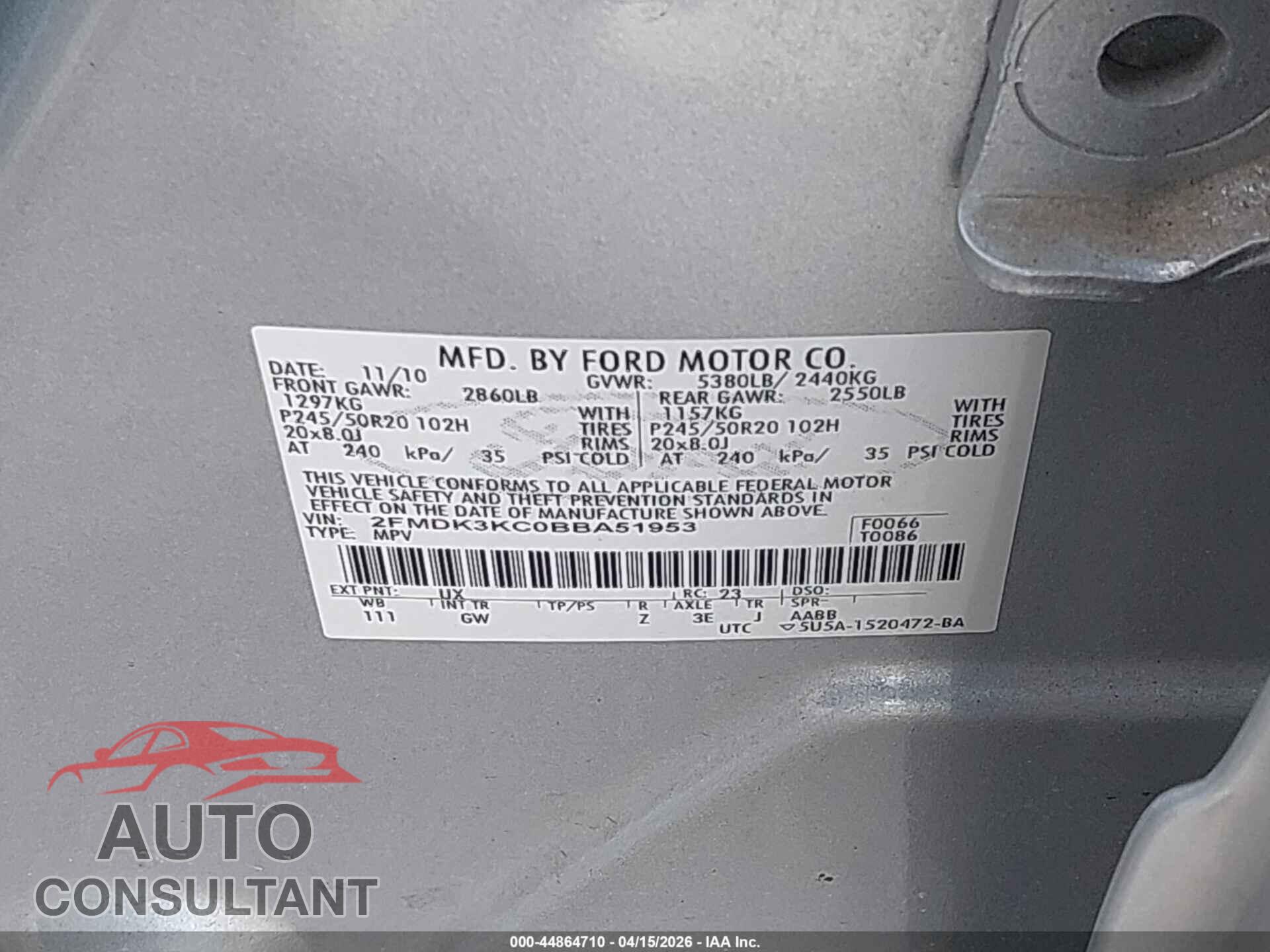 FORD EDGE 2011 - 2FMDK3KC0BBA51953