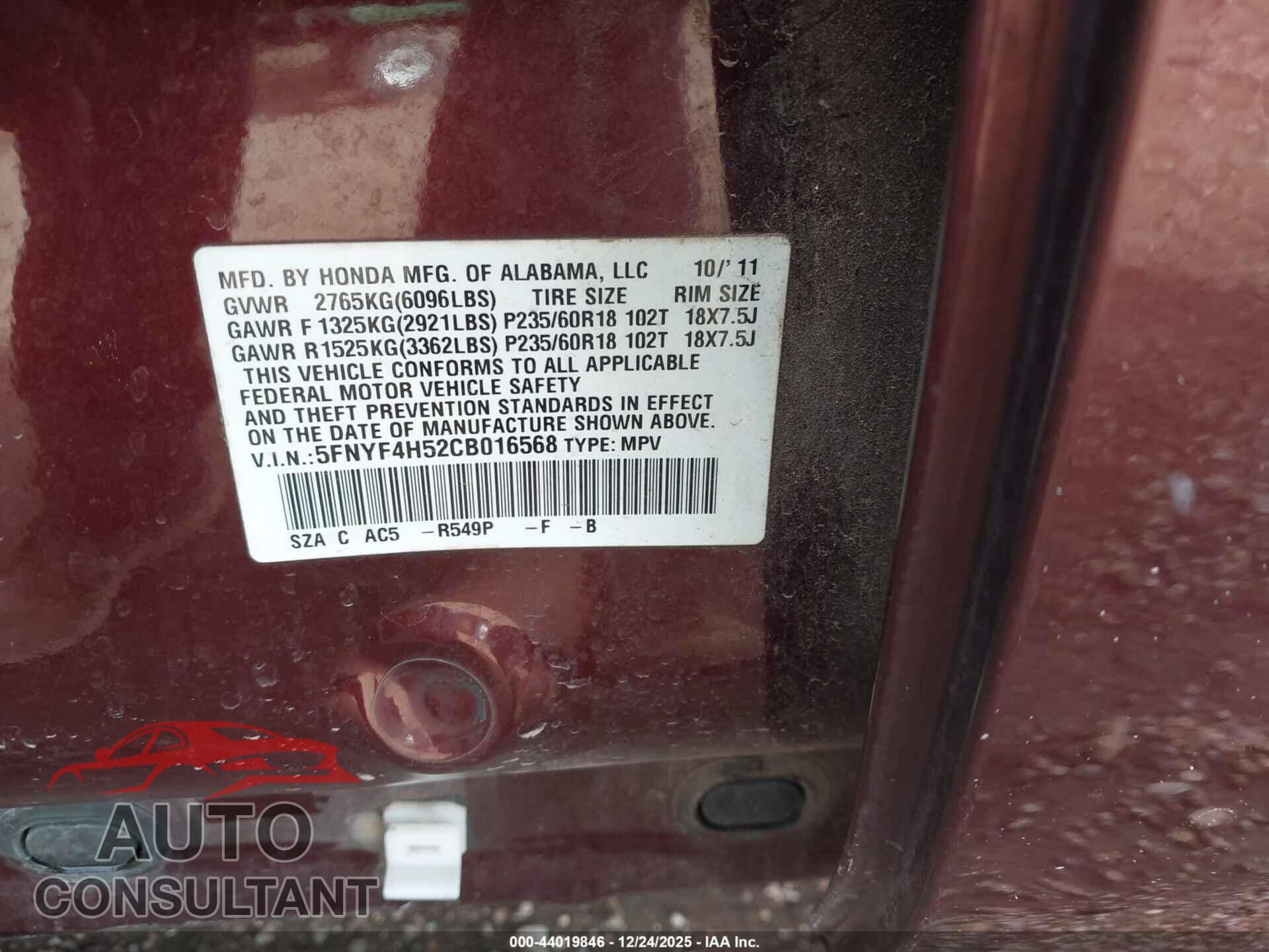 HONDA PILOT 2012 - 5FNYF4H52CB016568
