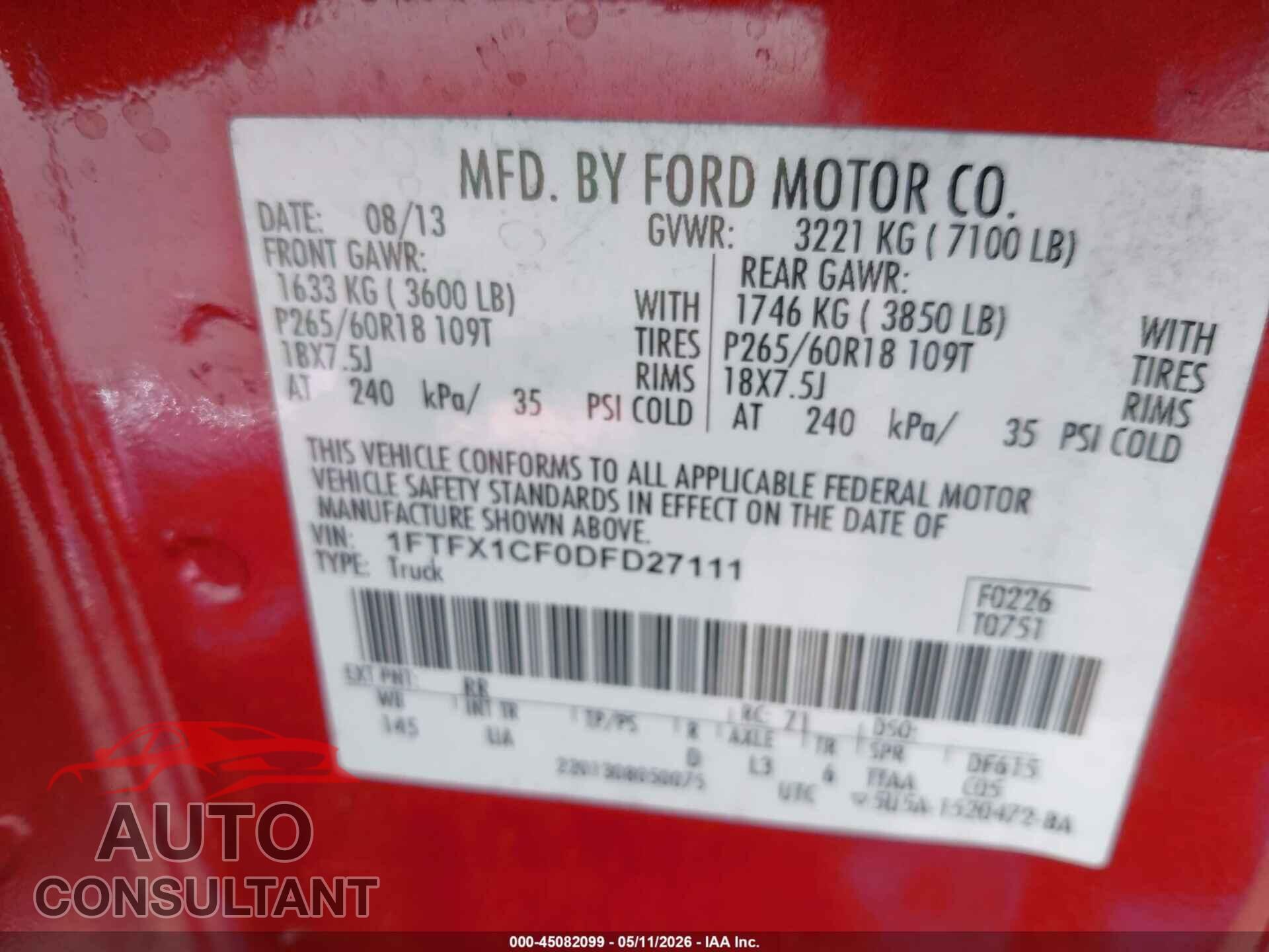 FORD F-150 2013 - 1FTFX1CF0DFD27111