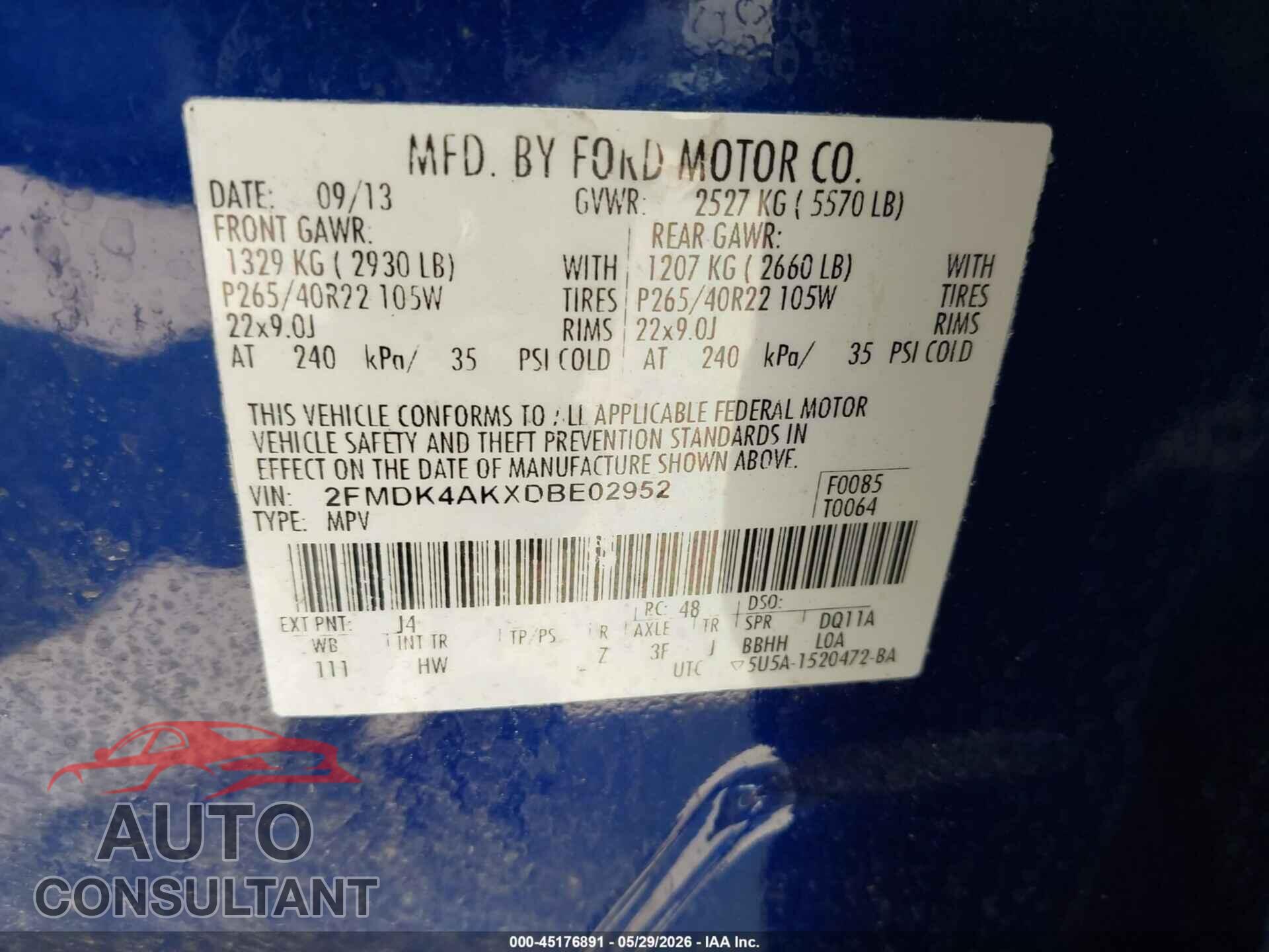 FORD EDGE 2013 - 2FMDK4AKXDBE02952