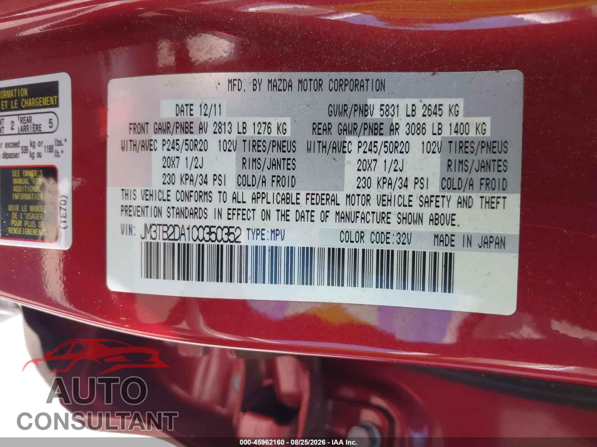 MAZDA CX-9 2012 - JM3TB2DA1C0350352