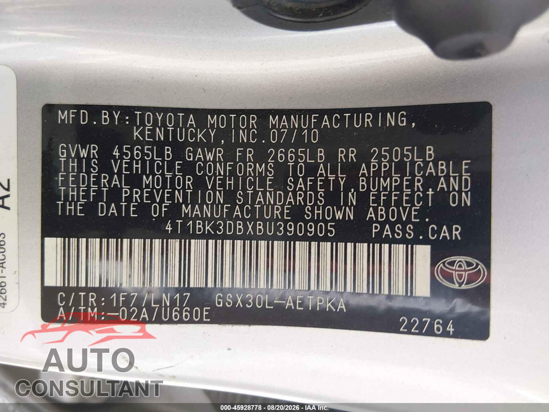 TOYOTA AVALON 2011 - 4T1BK3DBXBU390905