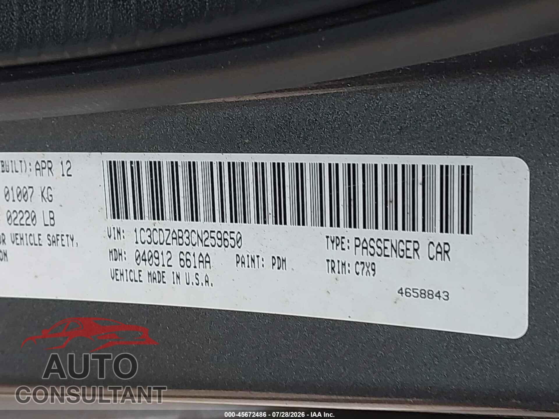 DODGE AVENGER 2012 - 1C3CDVAB3CN259650