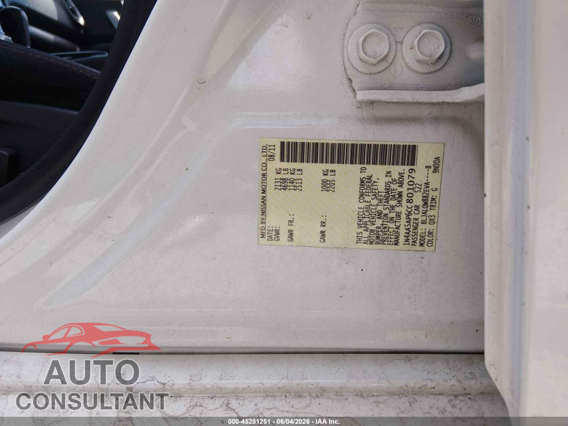 NISSAN MAXIMA 2012 - 1N4AA5AP6CC801079
