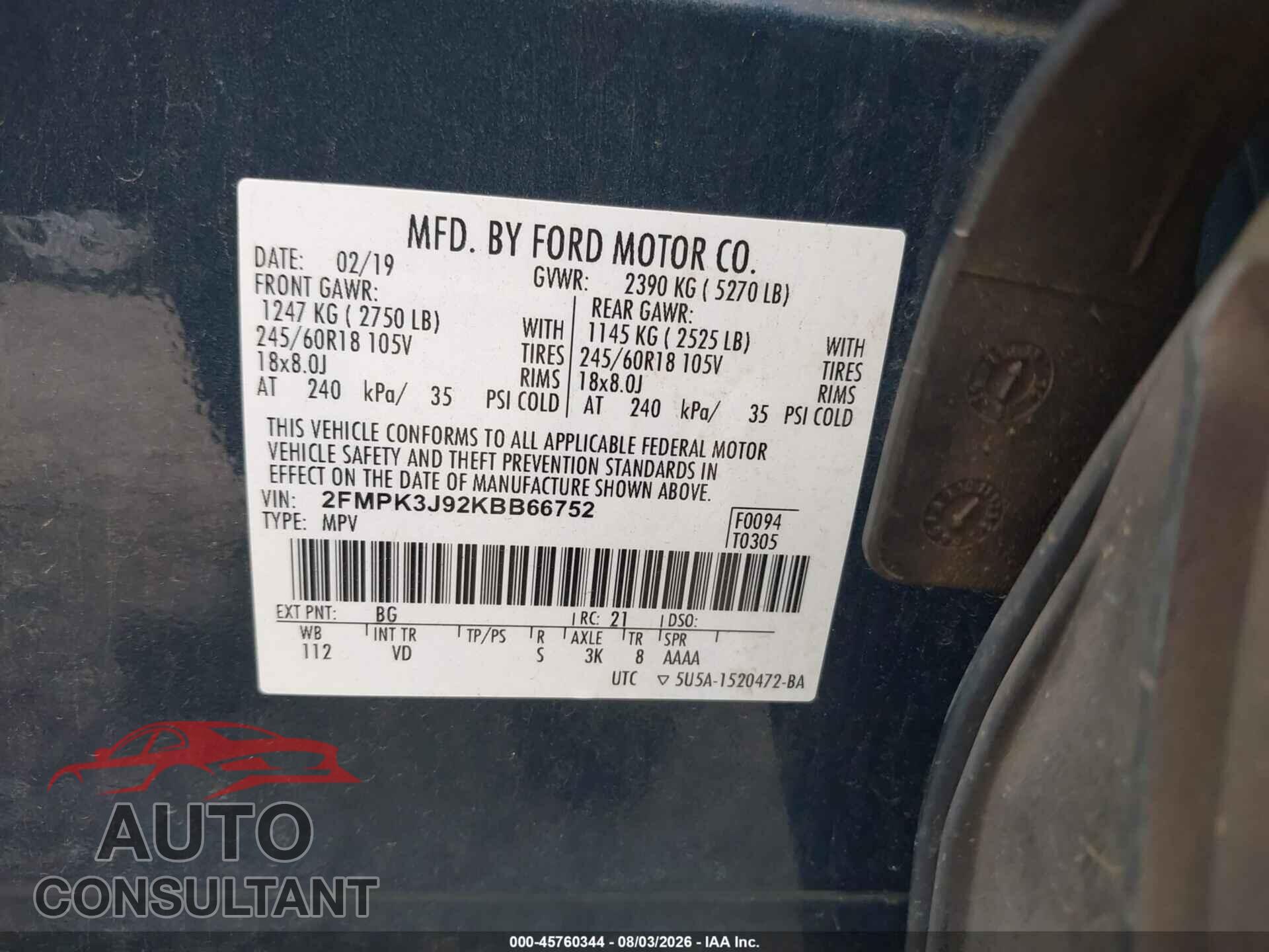 FORD EDGE 2019 - 2FMPK3J92KBB66752