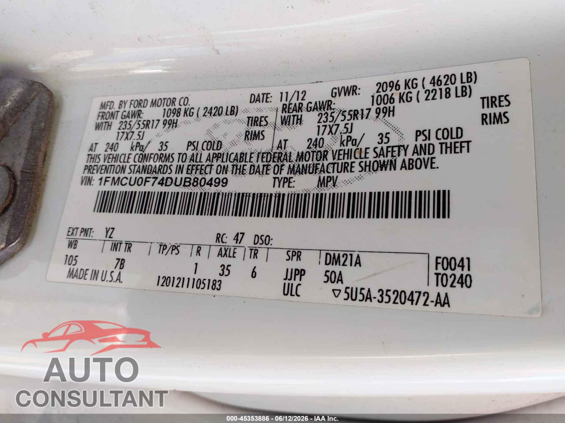 FORD ESCAPE 2013 - 1FMCU0F74DUB80499