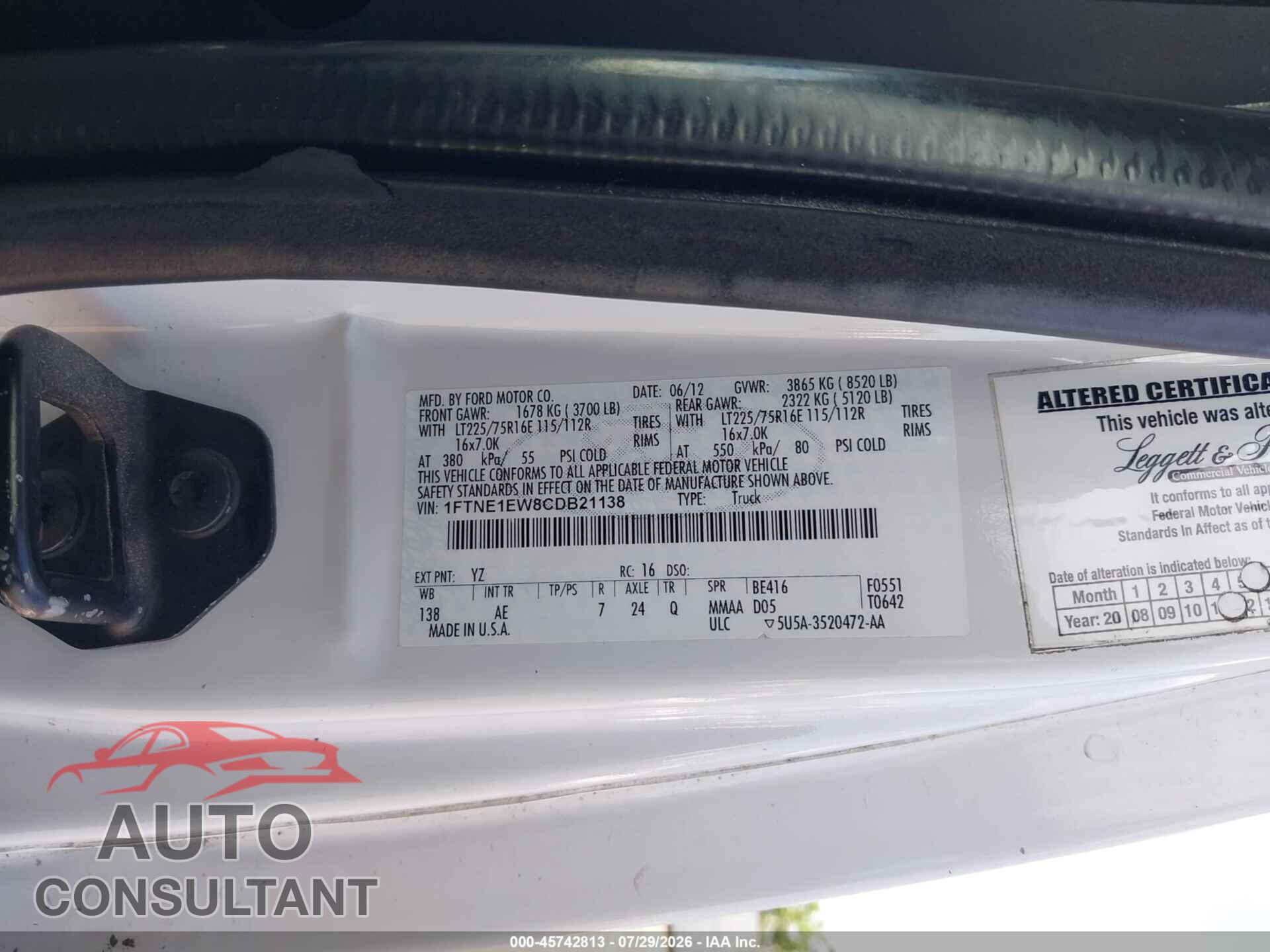 FORD E-150 2012 - 1FTNE1EW8CDB21138