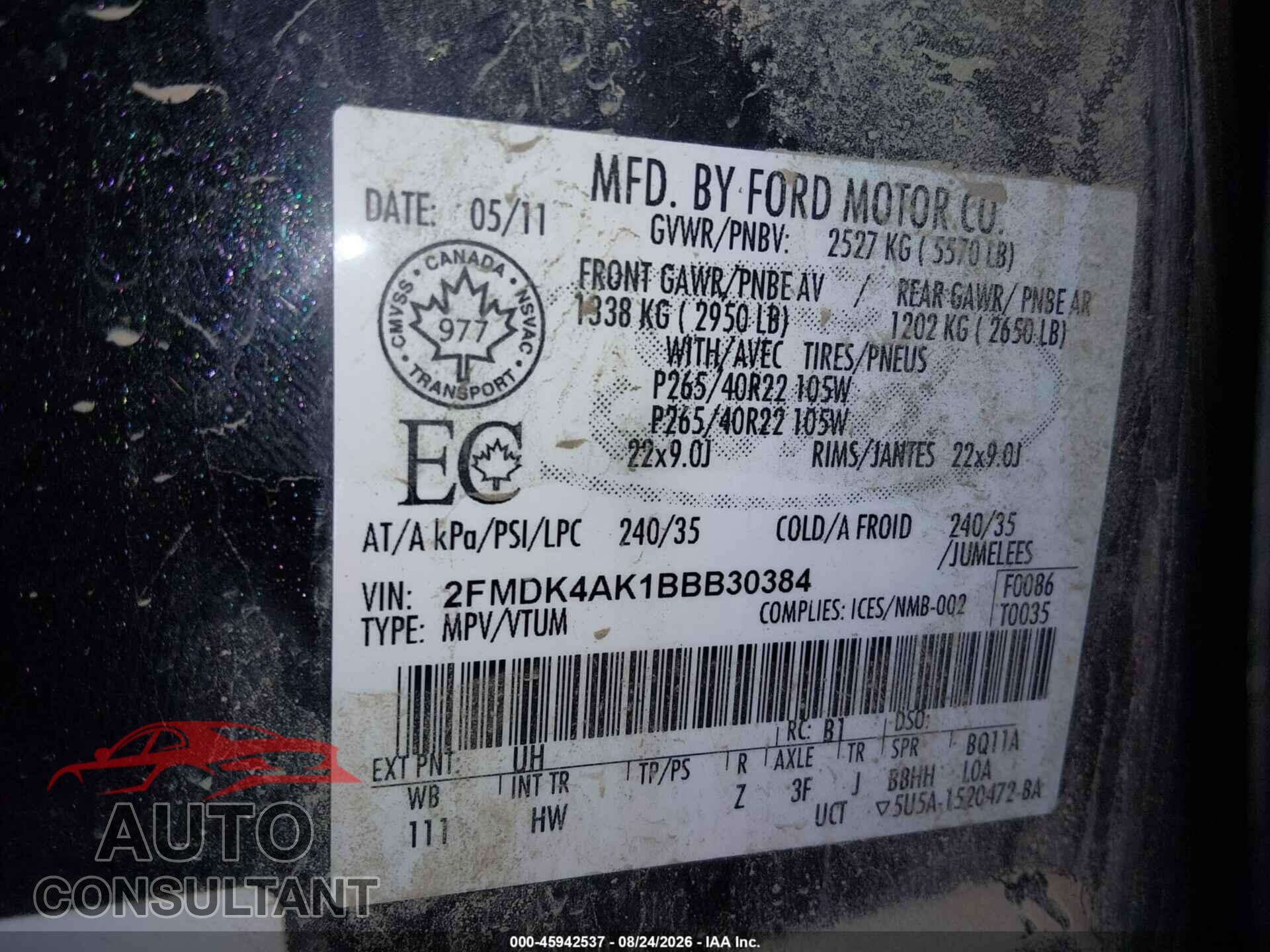 FORD EDGE 2011 - 2FMDK4AK1BBB30384