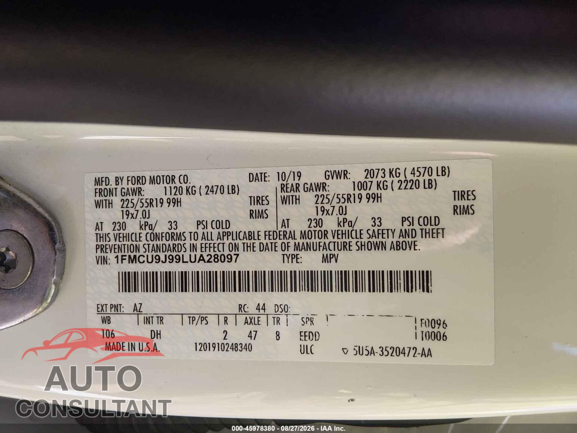 FORD ESCAPE 2020 - 1FMCU9J99LUA28097