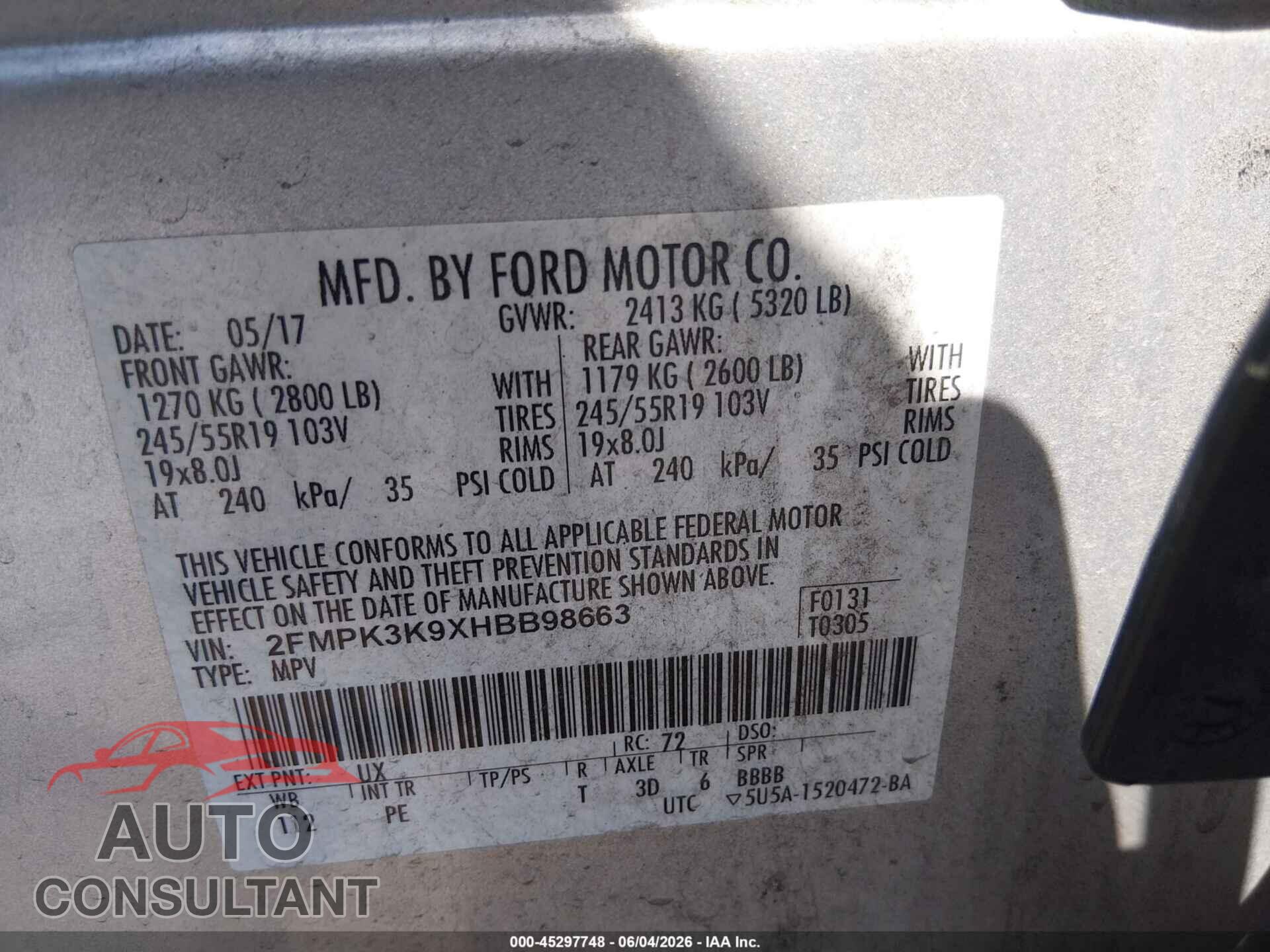 FORD EDGE 2017 - 2FMPK3K9XHBB98663